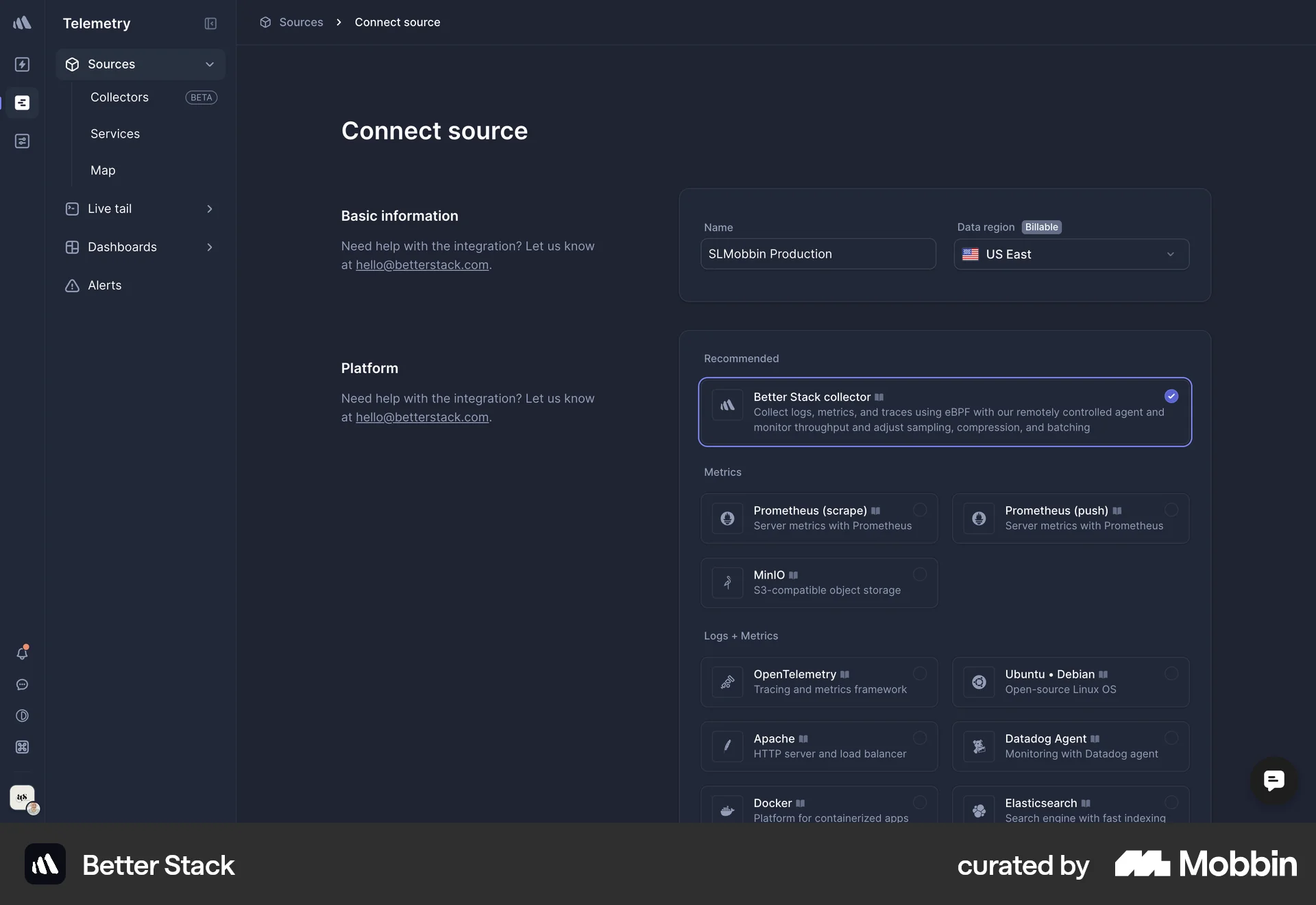 Better Stack Web Select screen