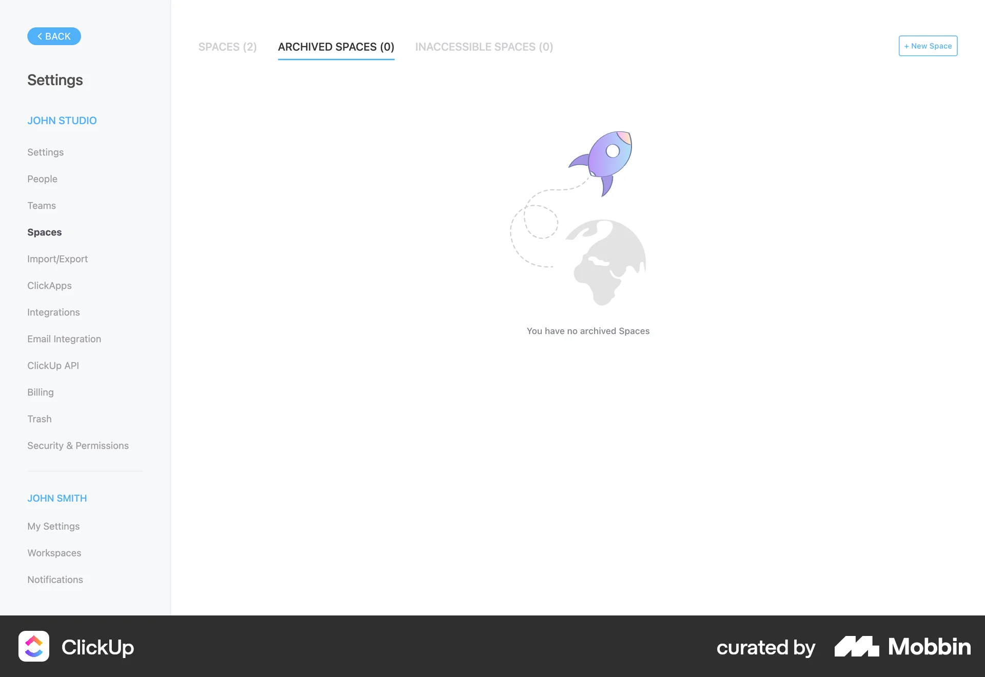 ClickUp Web Trash & Archive screen
