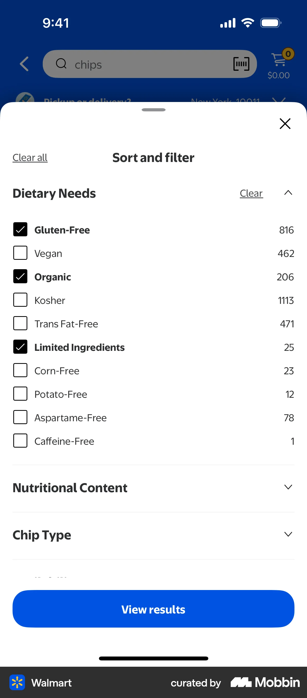 Walmart iOS screen containing Checkbox UI element