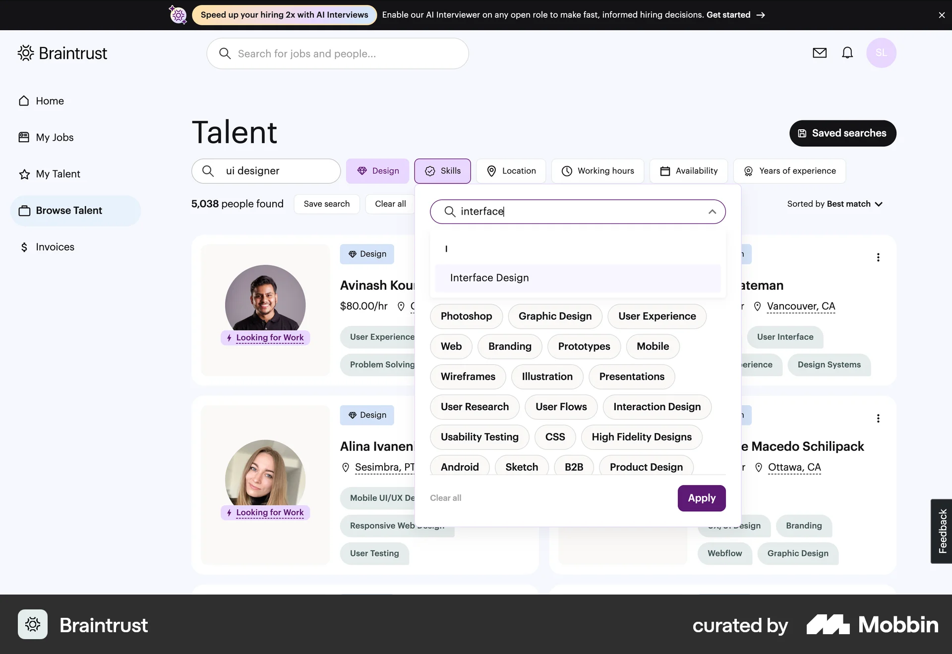 Braintrust Web screen containing Combobox UI element