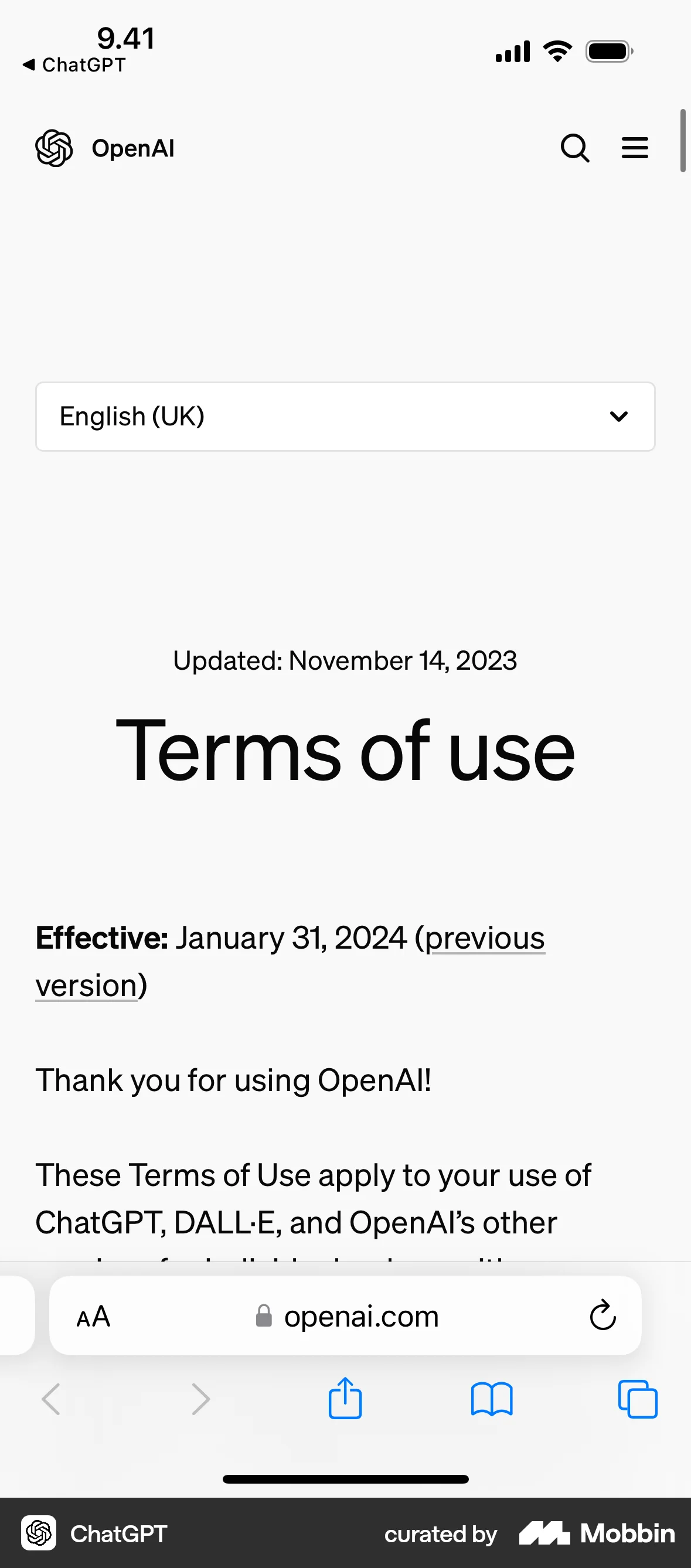 ChatGPT iOS Terms & Conditions screen