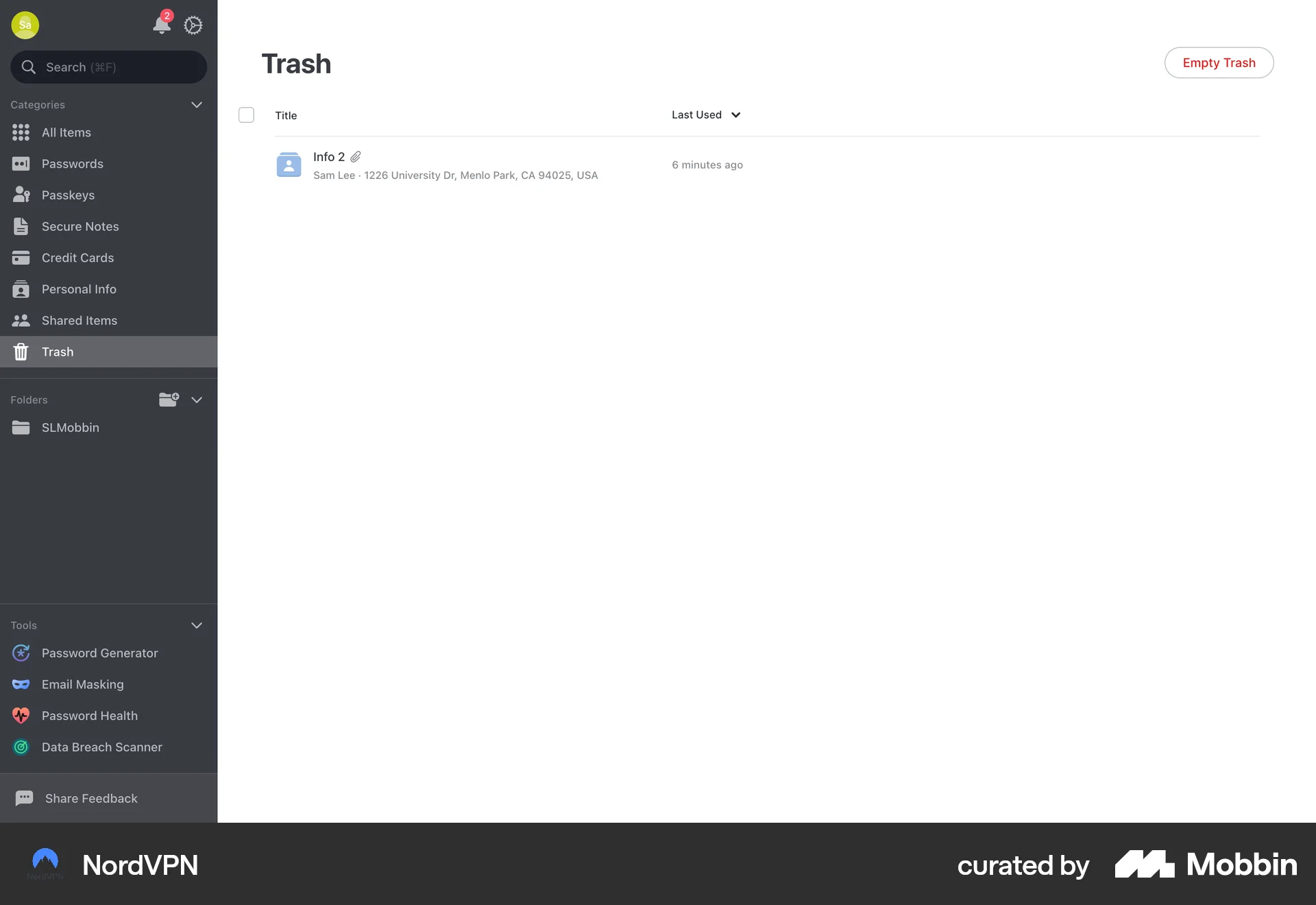 NordVPN Web Trash & Archive screen