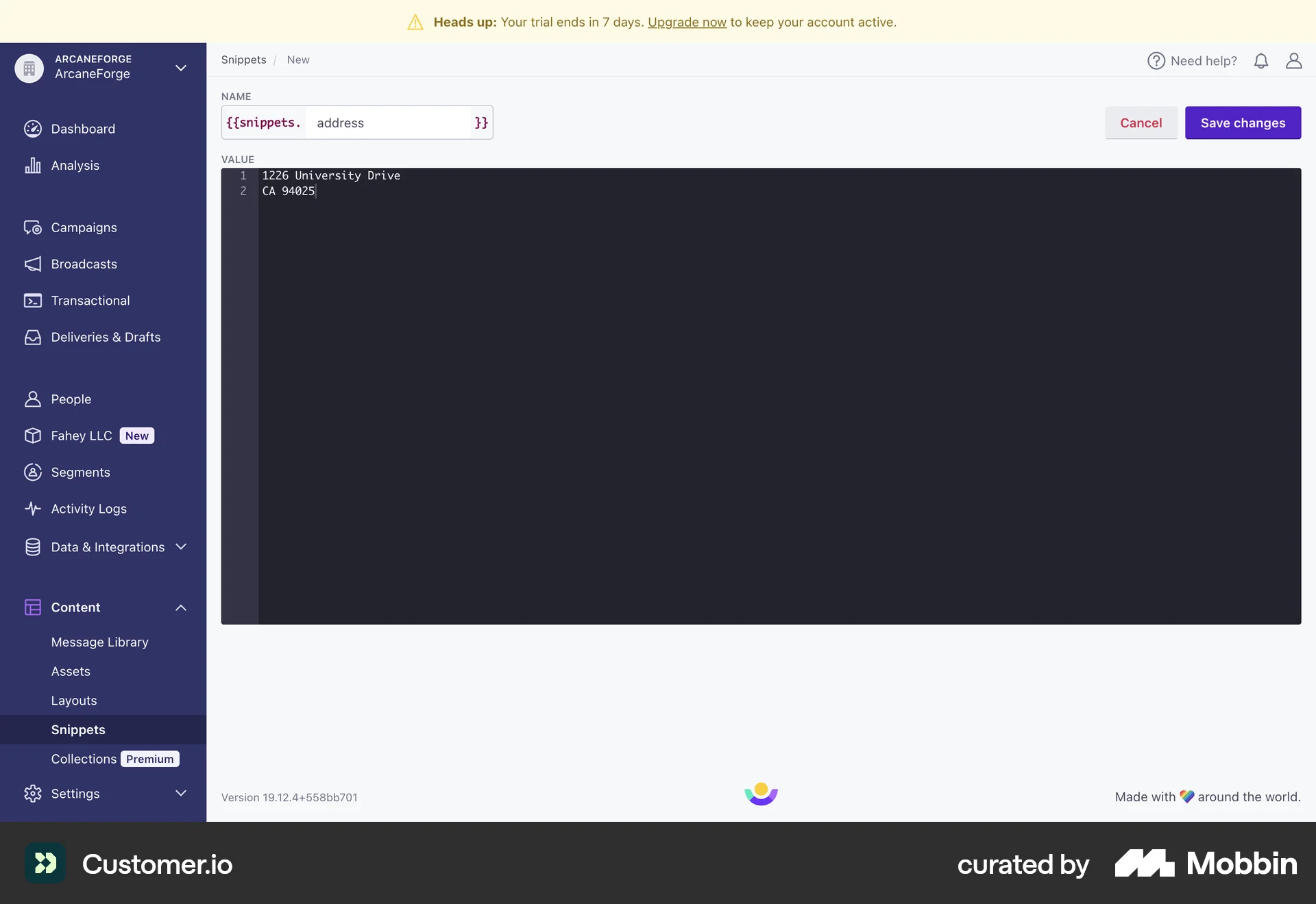 Customer.io Web Code Editor screen