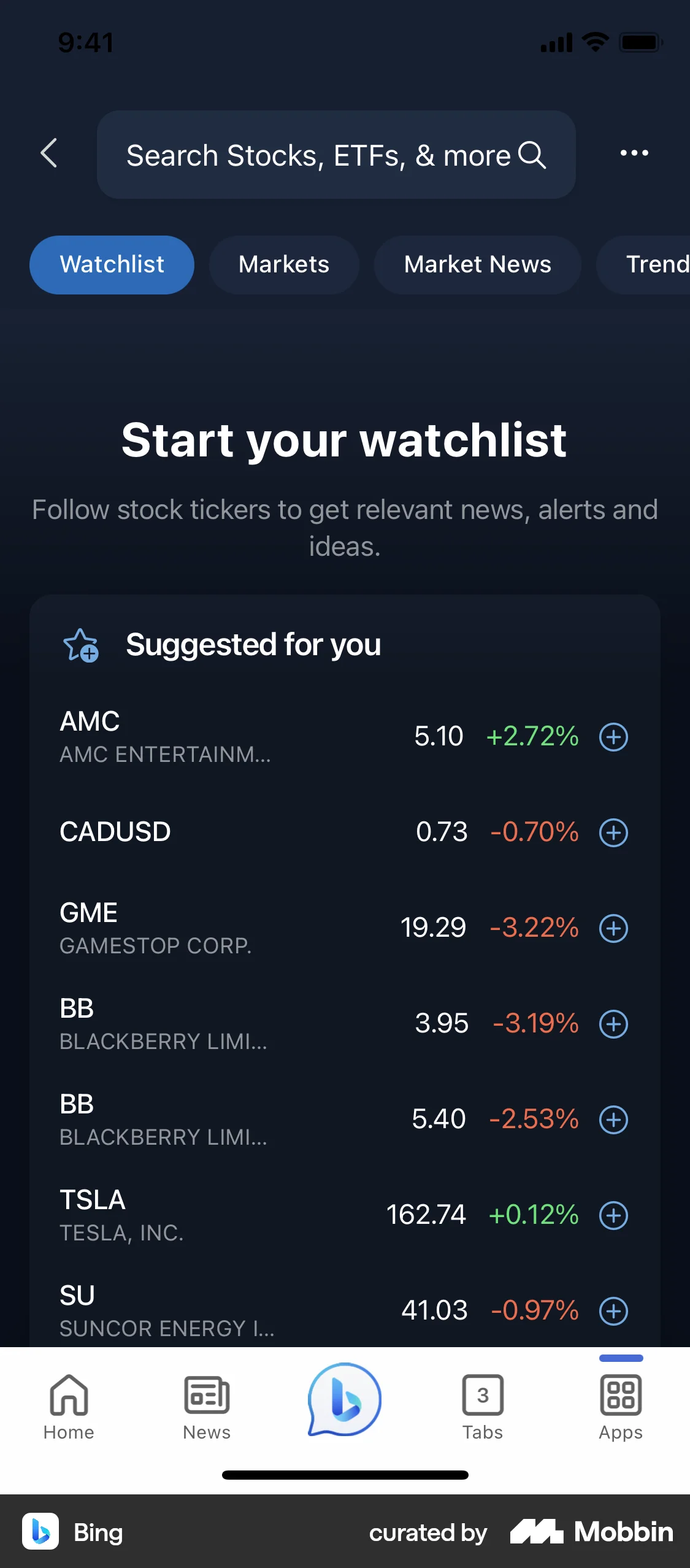 Bing iOS News Feed screen