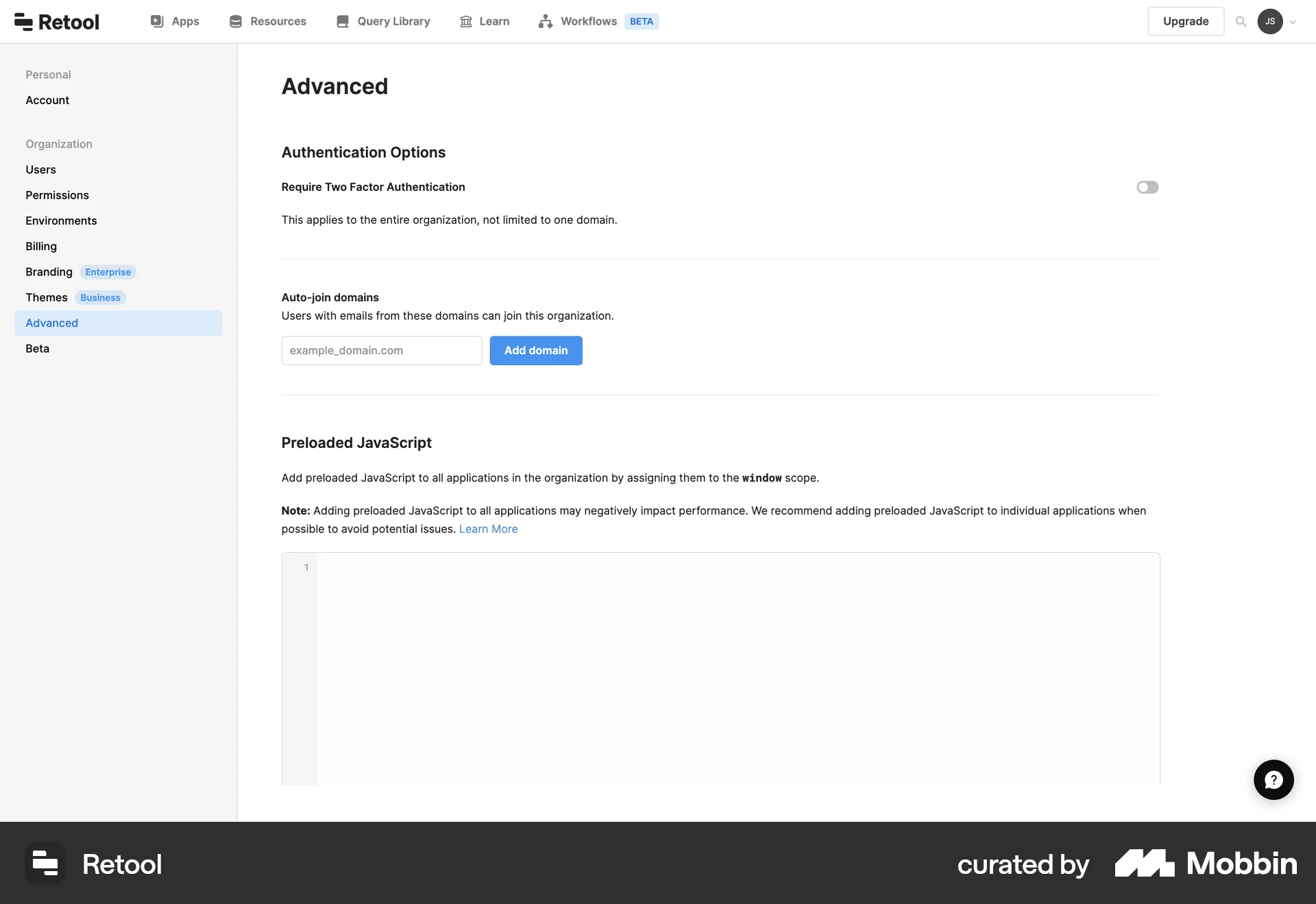 Retool Web Code Editor screen