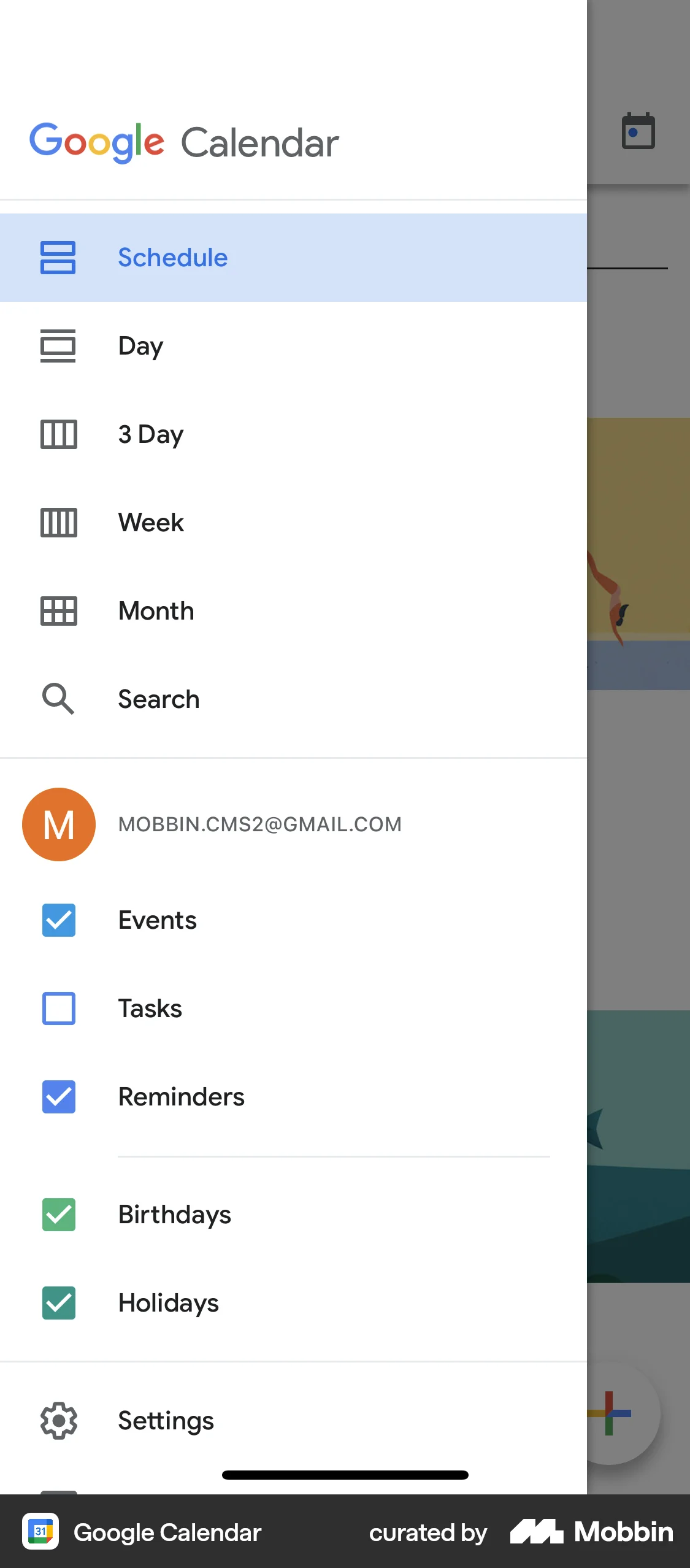 Google Calendar iOS screen containing Side Navigation UI element