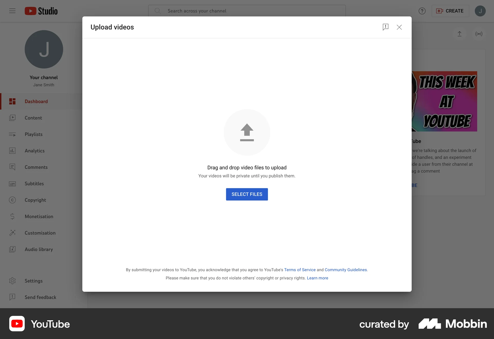YouTube Web screen containing File Upload UI element