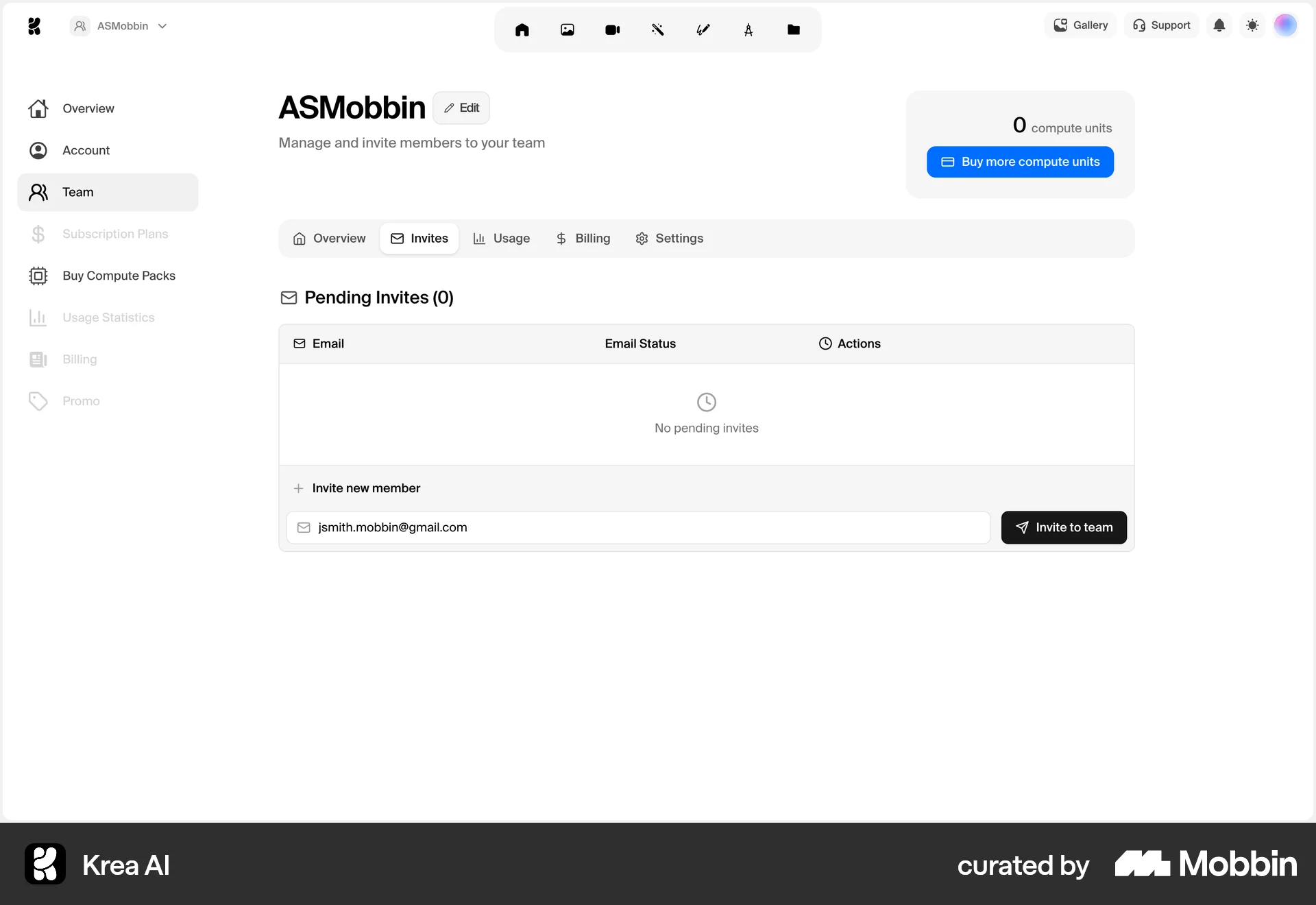 Krea AI Web Invite Teammates screen