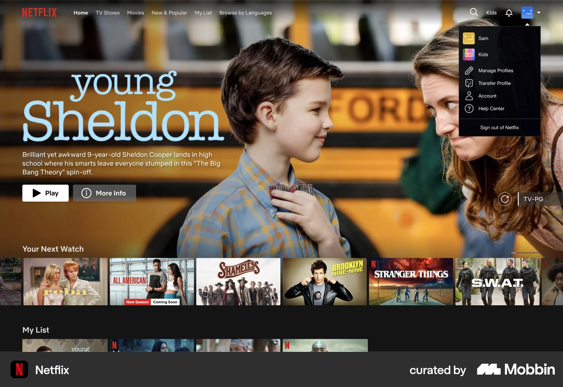 Netflix Web screen containing Dropdown Menu UI element
