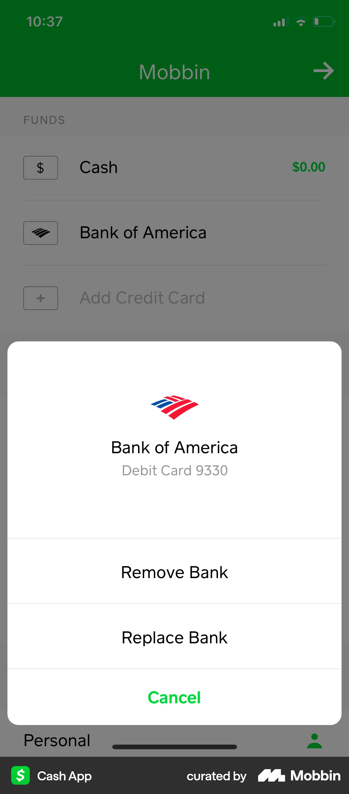 Cash App iOS screen containing Action Sheet UI element