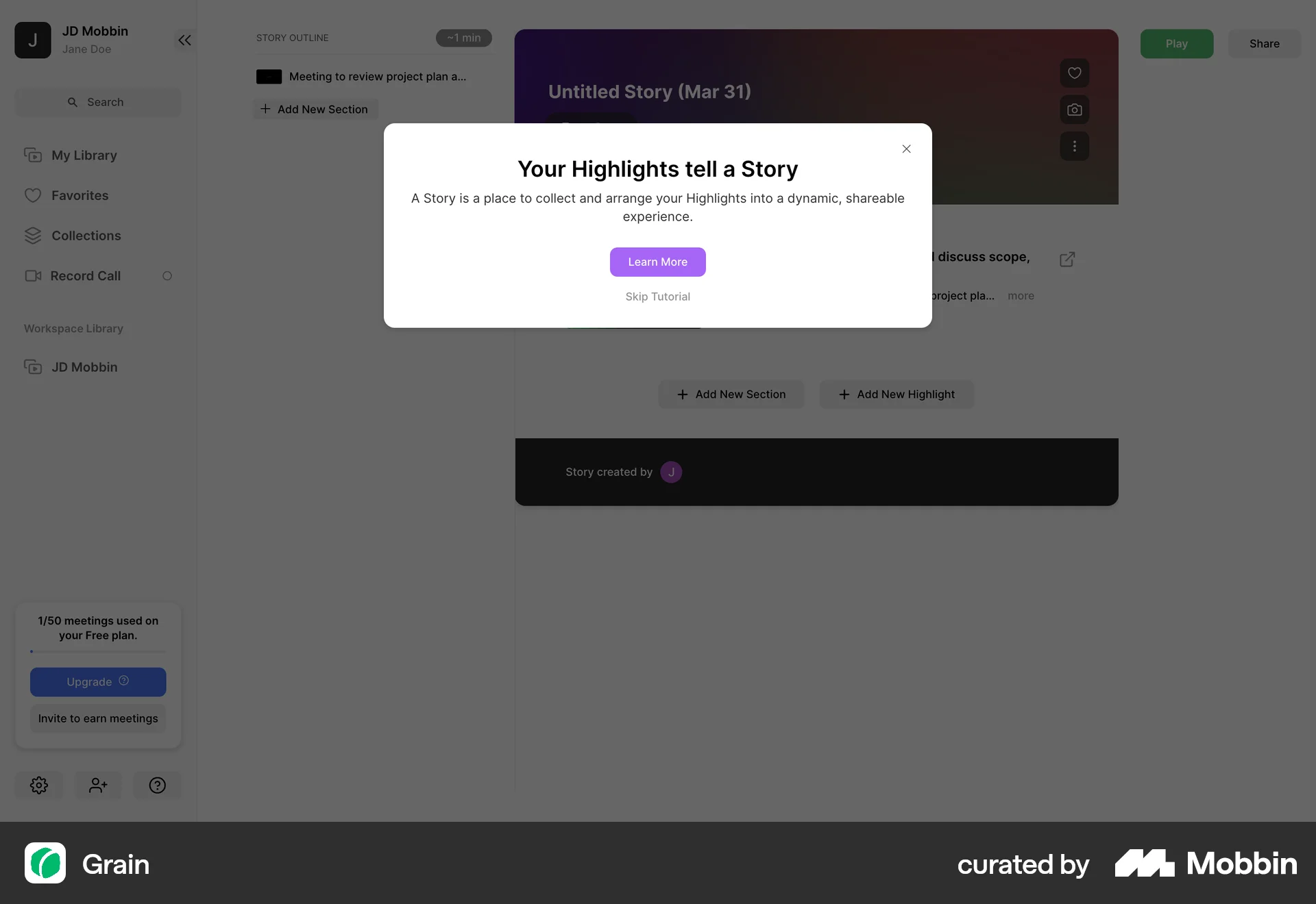 Grain Web Guided Tour & Tutorial screen