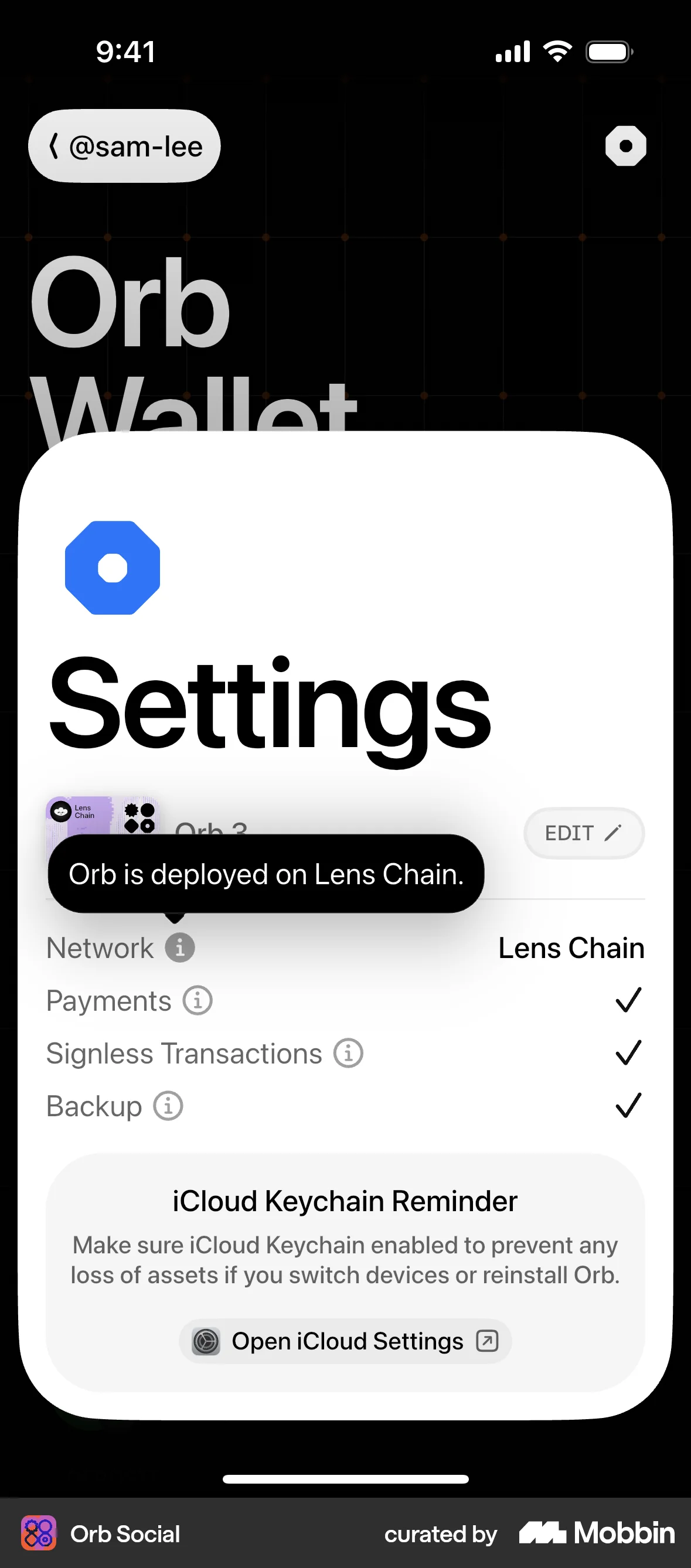 Orb Social iOS screen containing Tooltip UI element