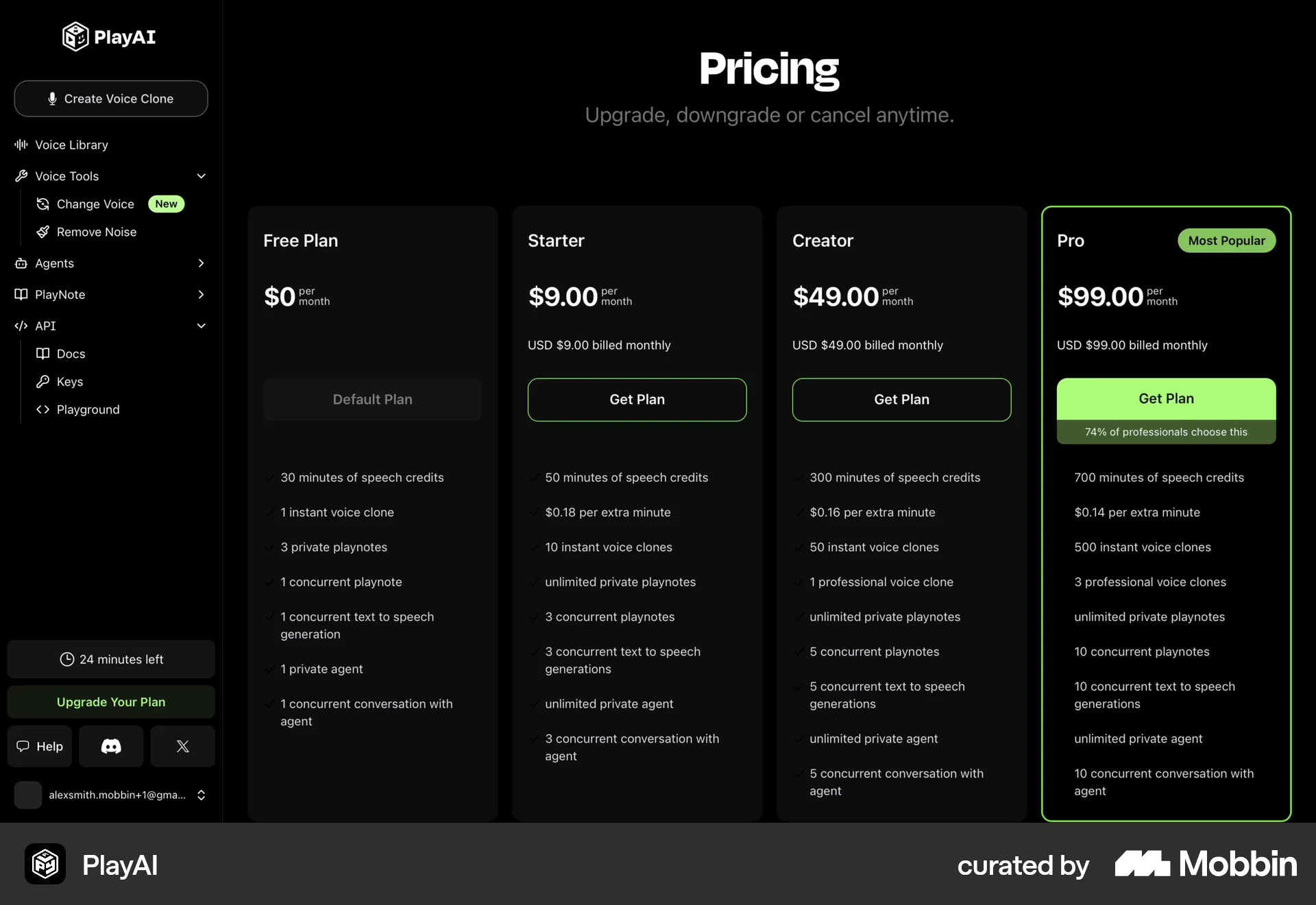 PlayAI Web Pricing screen