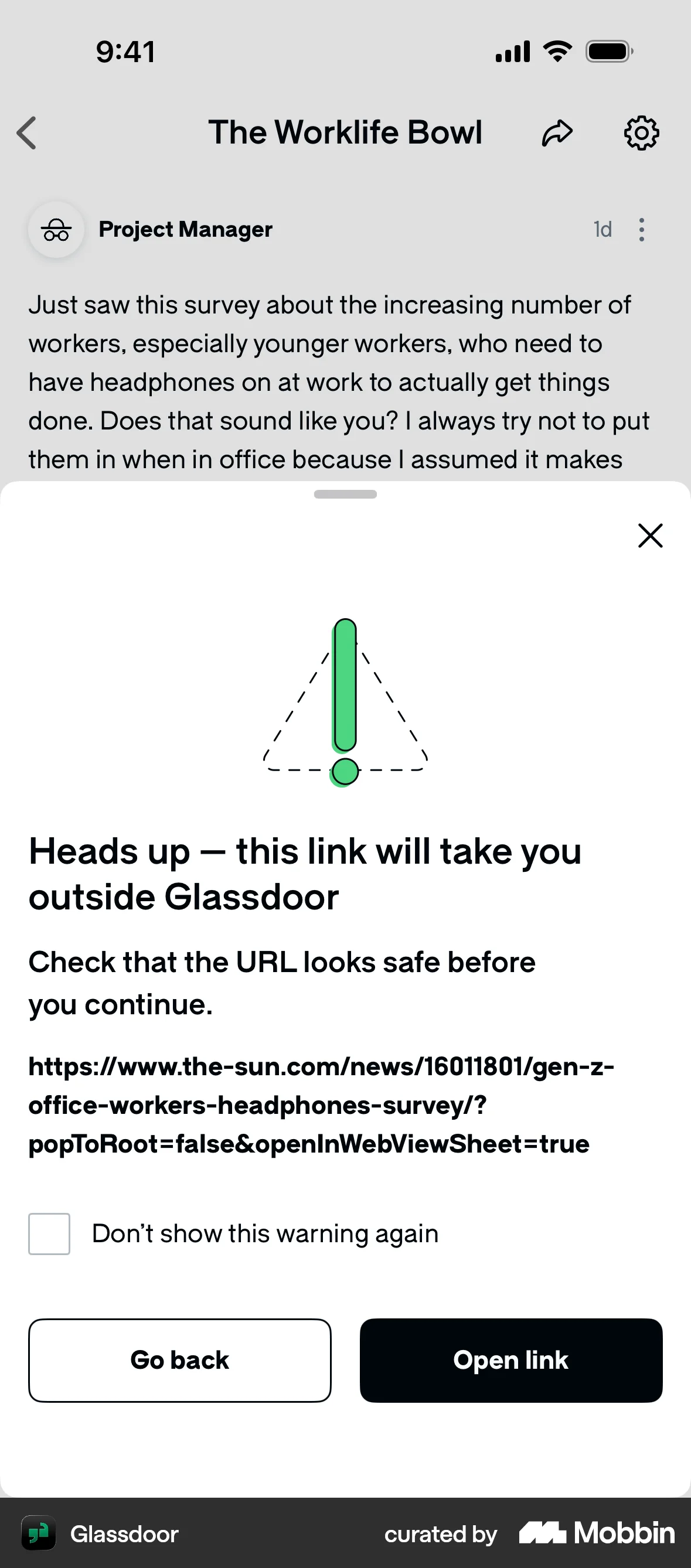 Glassdoor iOS Confirmation screen