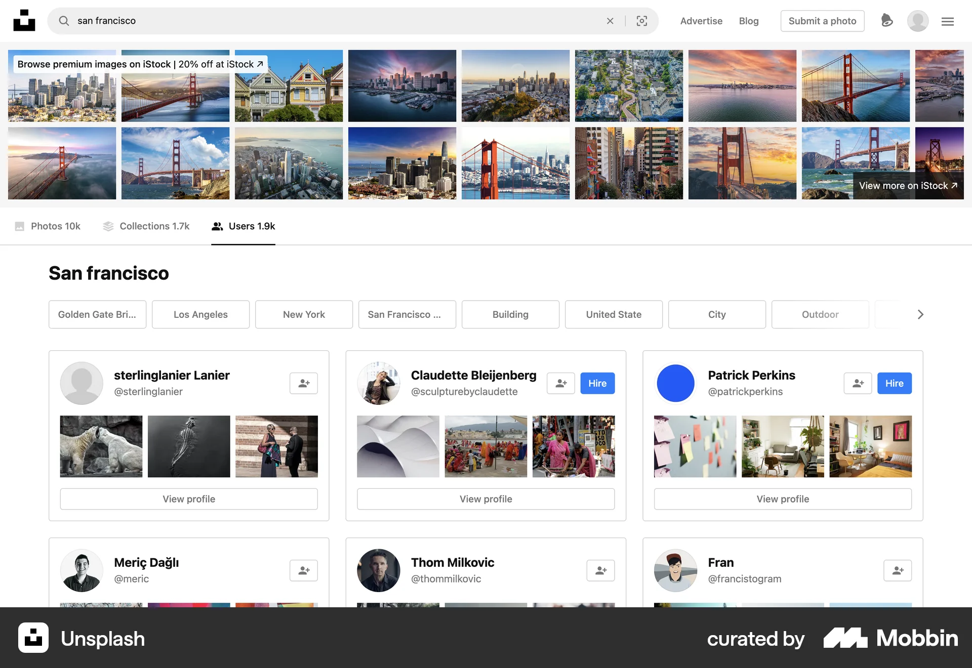 Unsplash Web screen containing Gallery UI element