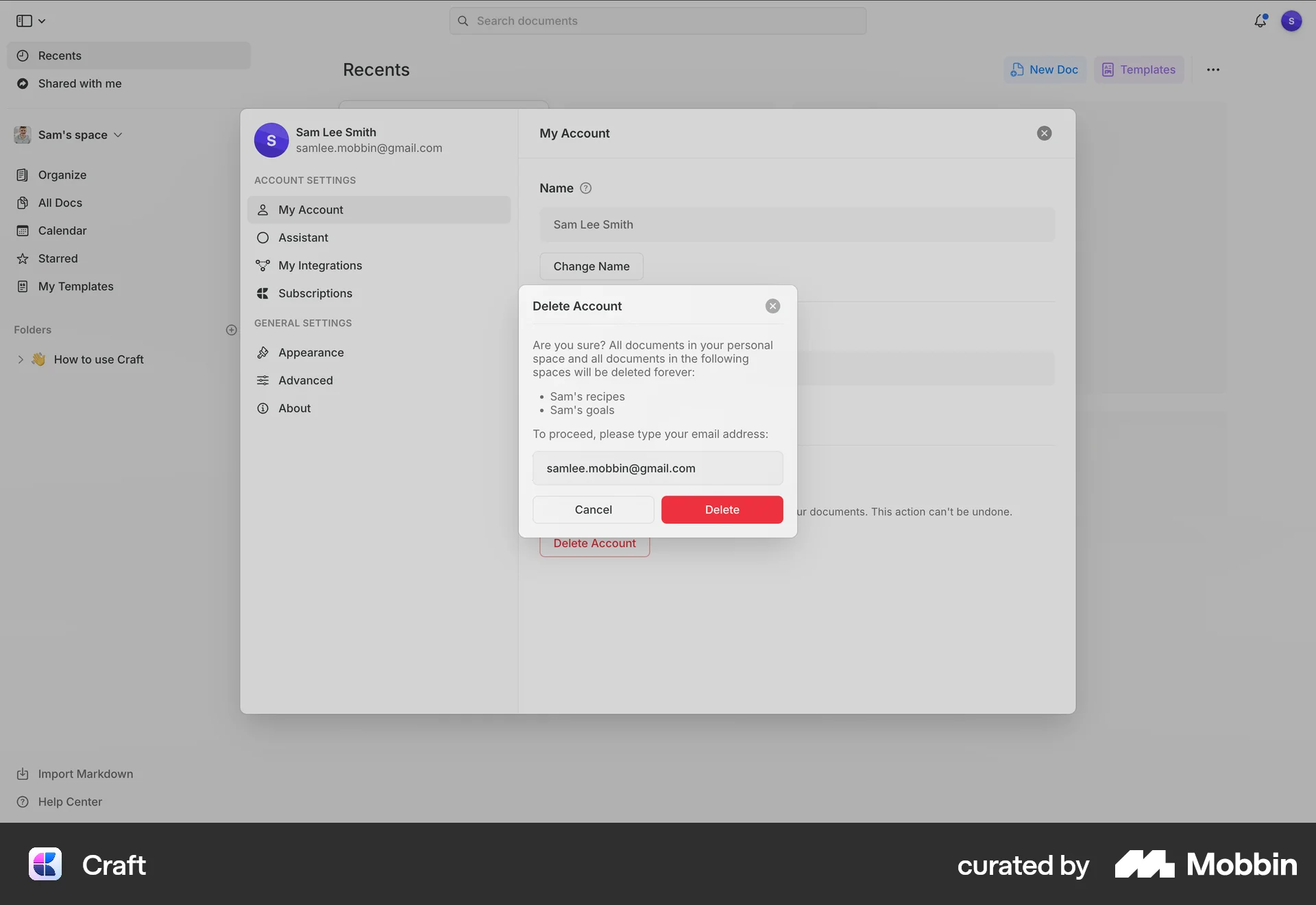 Craft Web Delete & Deactivate Account screen