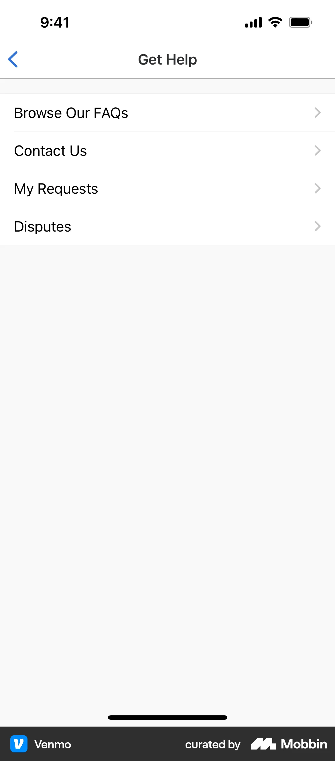 Venmo iOS Help & Support screen