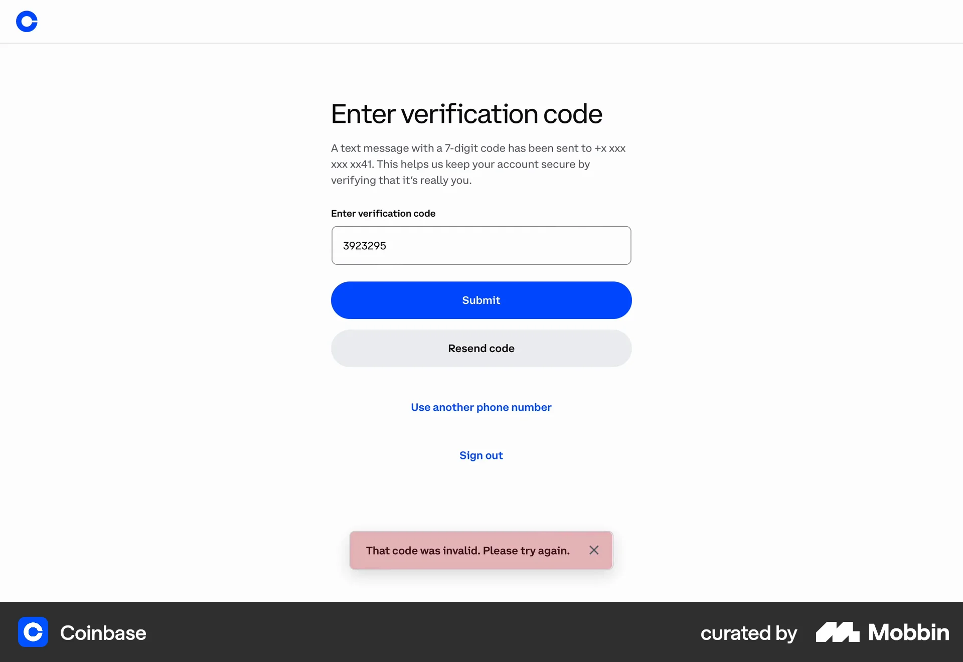 Coinbase Web screen containing Toast UI element