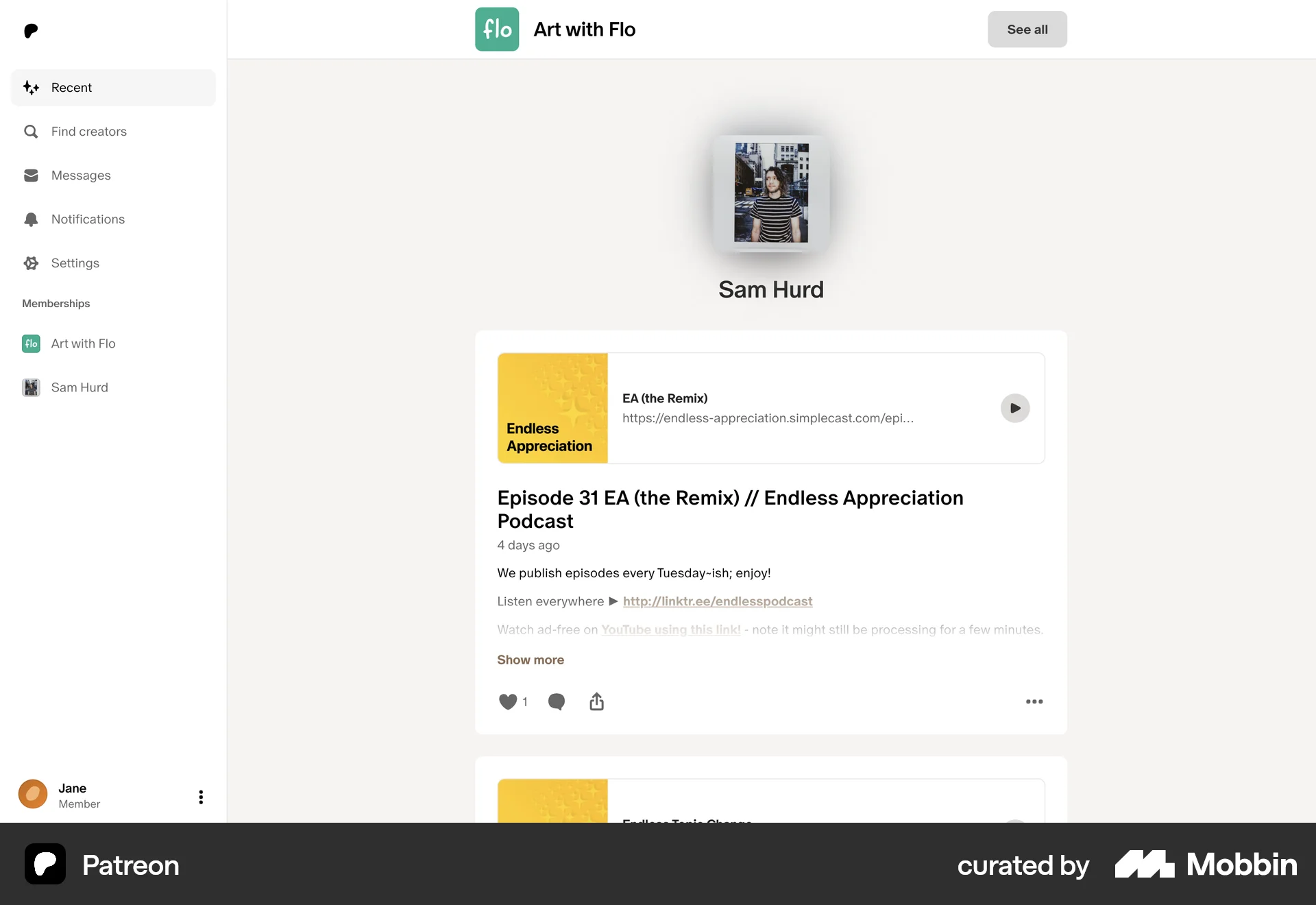 Patreon Web User / Group Profile screen