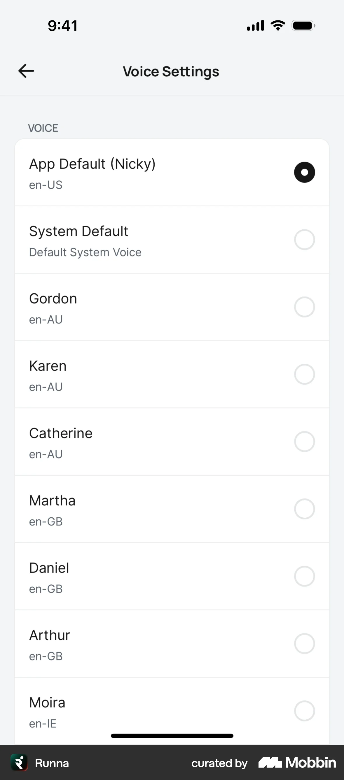 Runna iOS Voice UI screen