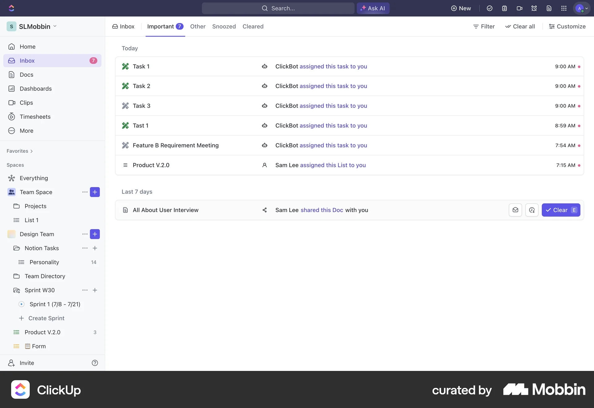 ClickUp Web Notifications screen