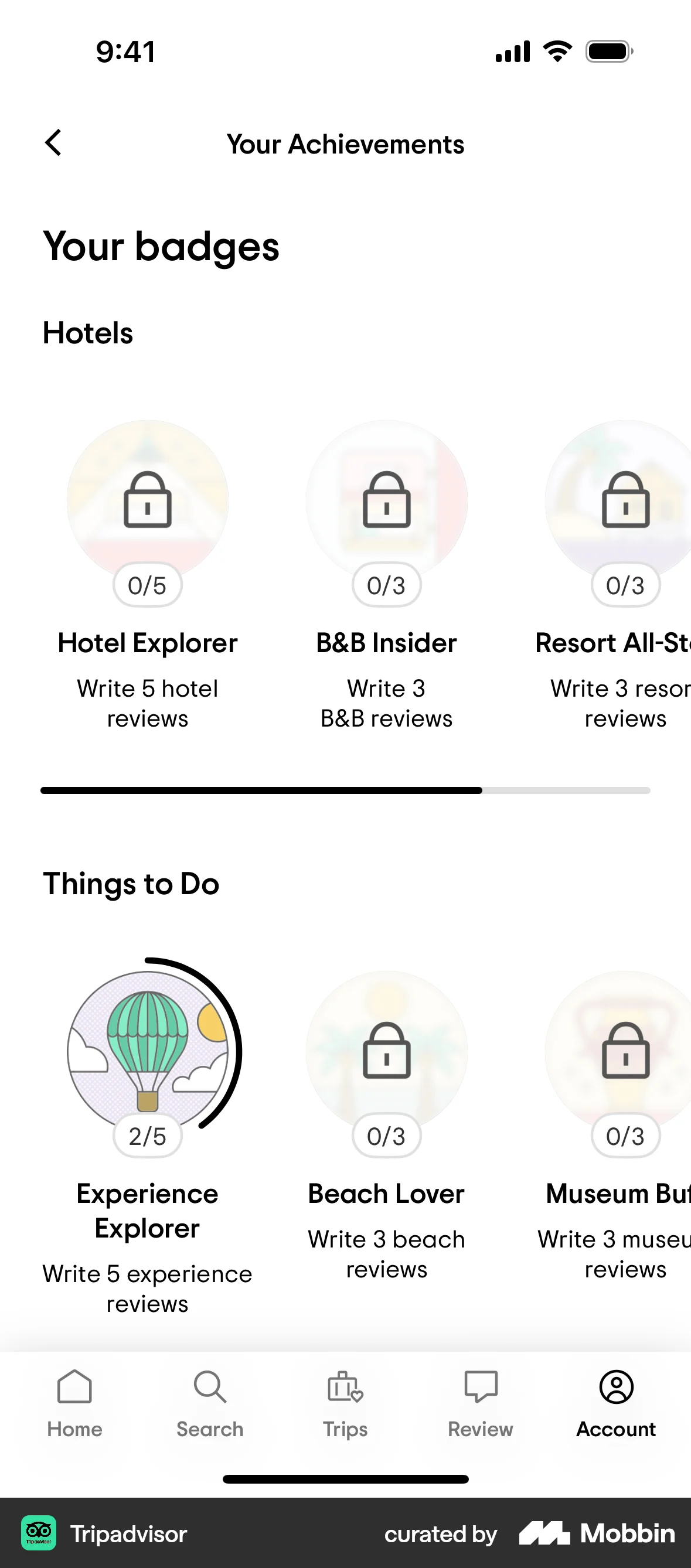 Tripadvisor iOS Achievements & Awards screen