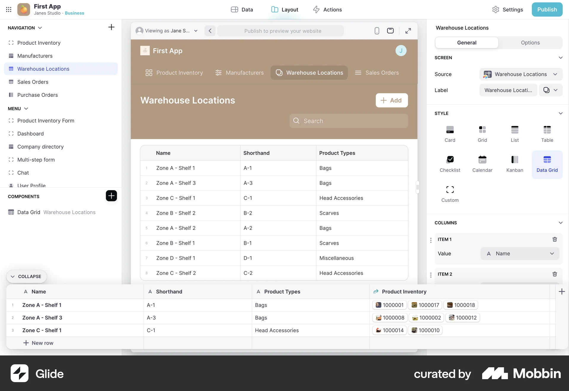 Glide Web screen containing Drawer UI element