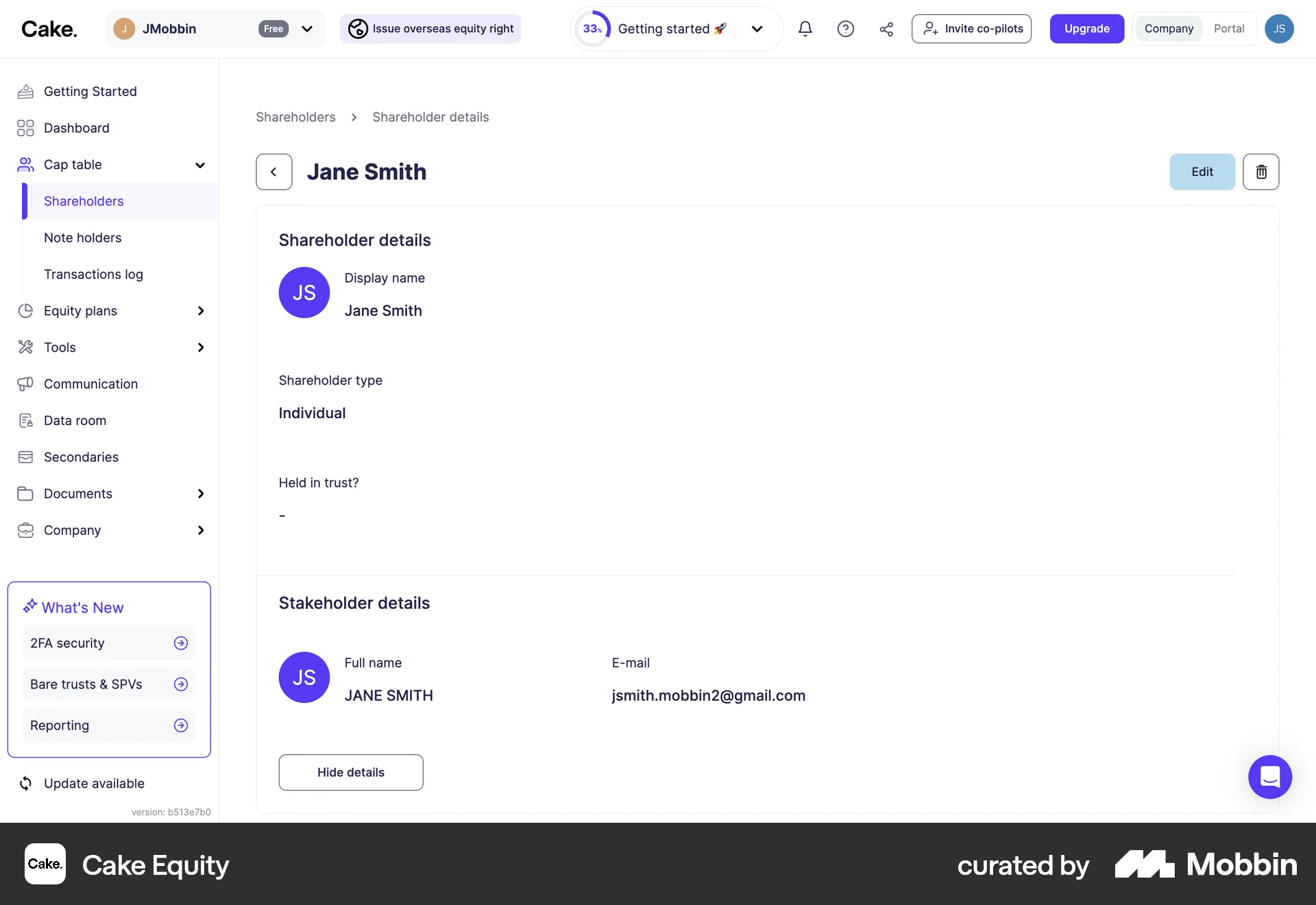 Cake Equity Web User / Group Profile screen