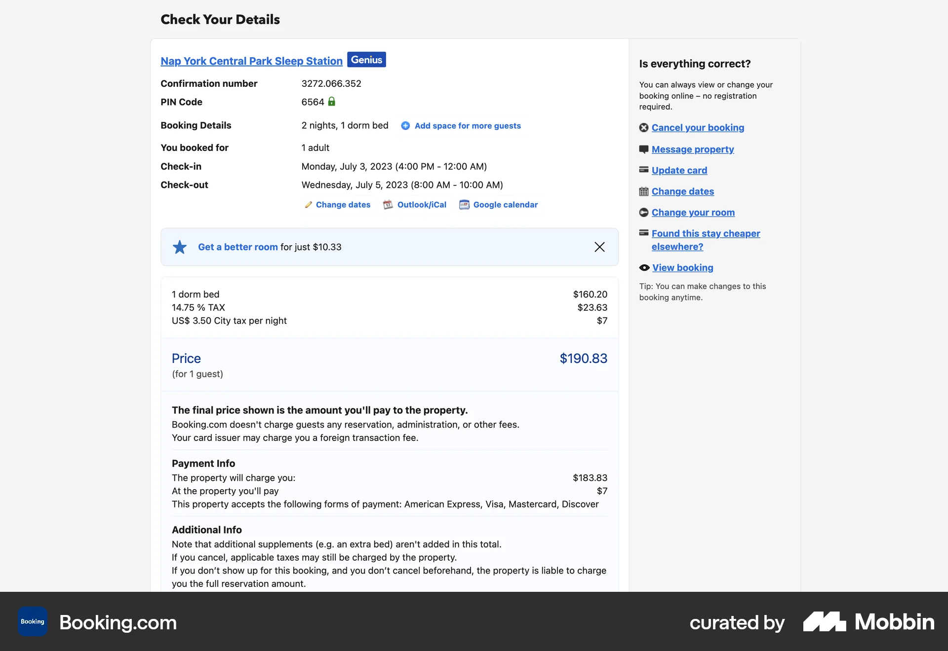 Booking.com Web Order Detail screen