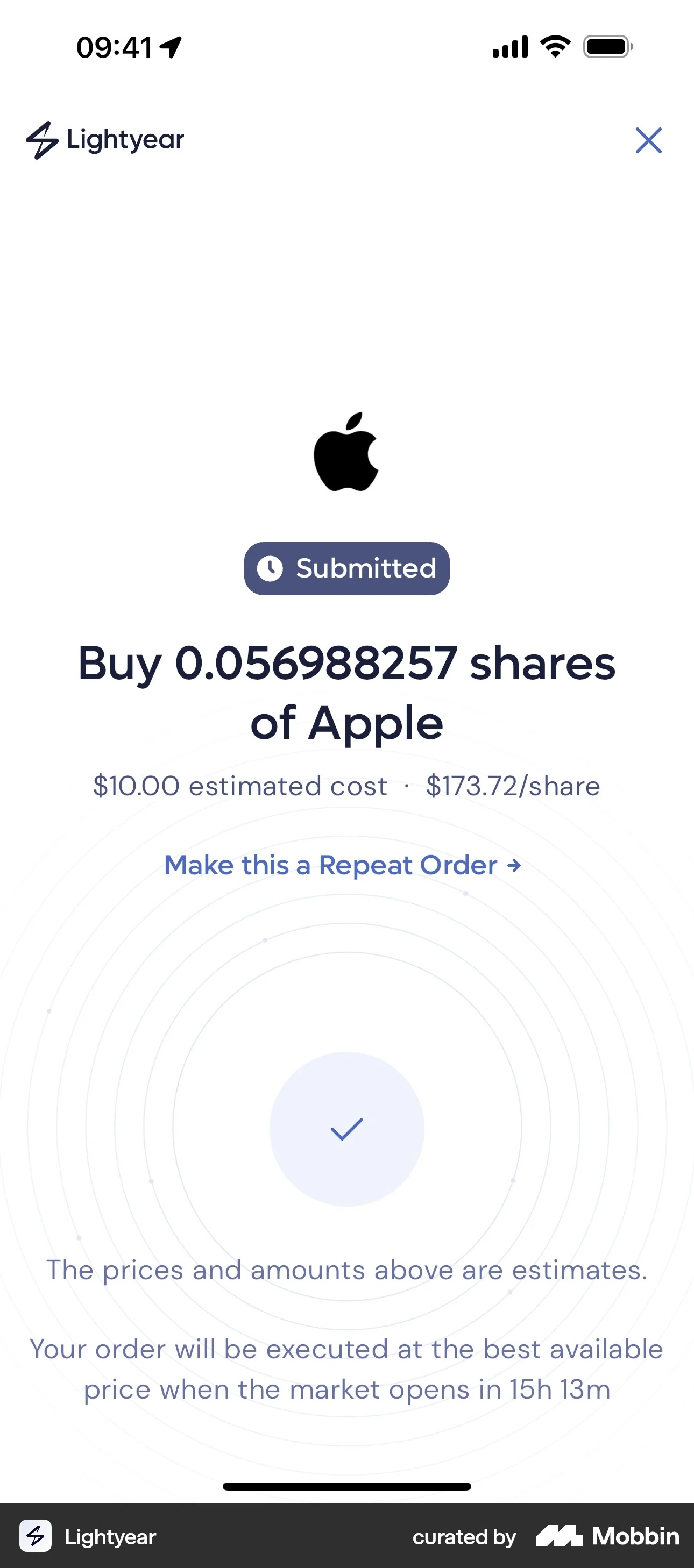 Lightyear iOS Order Confirmation screen