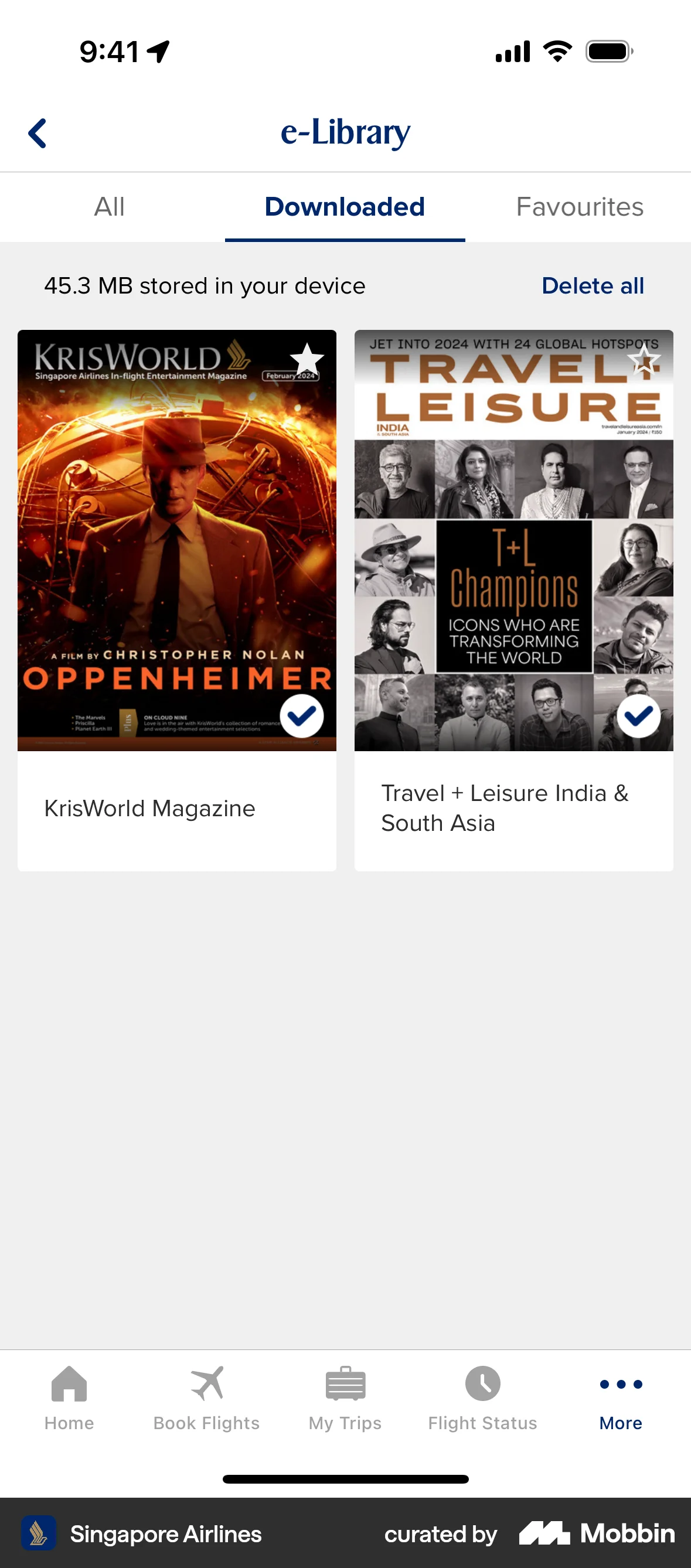 Singapore Airlines iOS Downloads & Available Offline screen