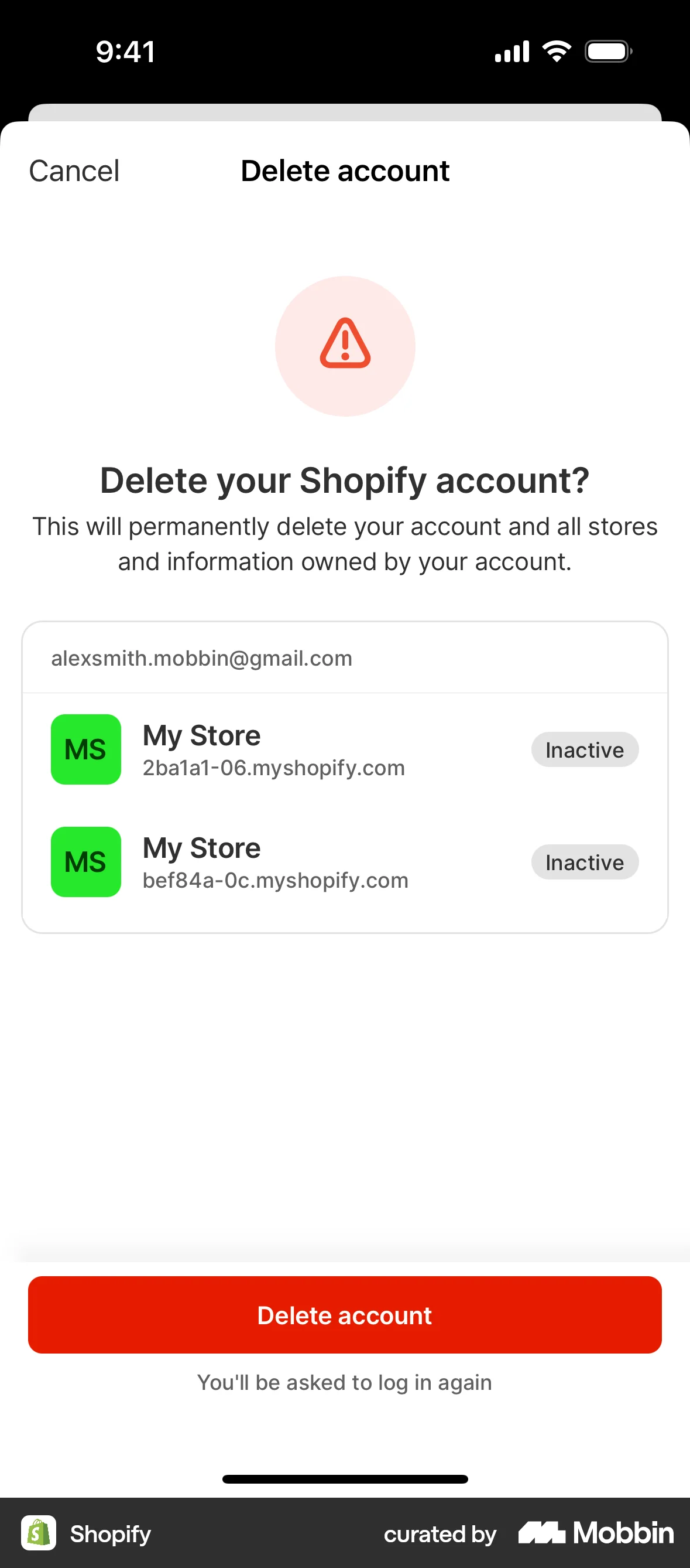 Shopify iOS Delete & Deactivate Account screen