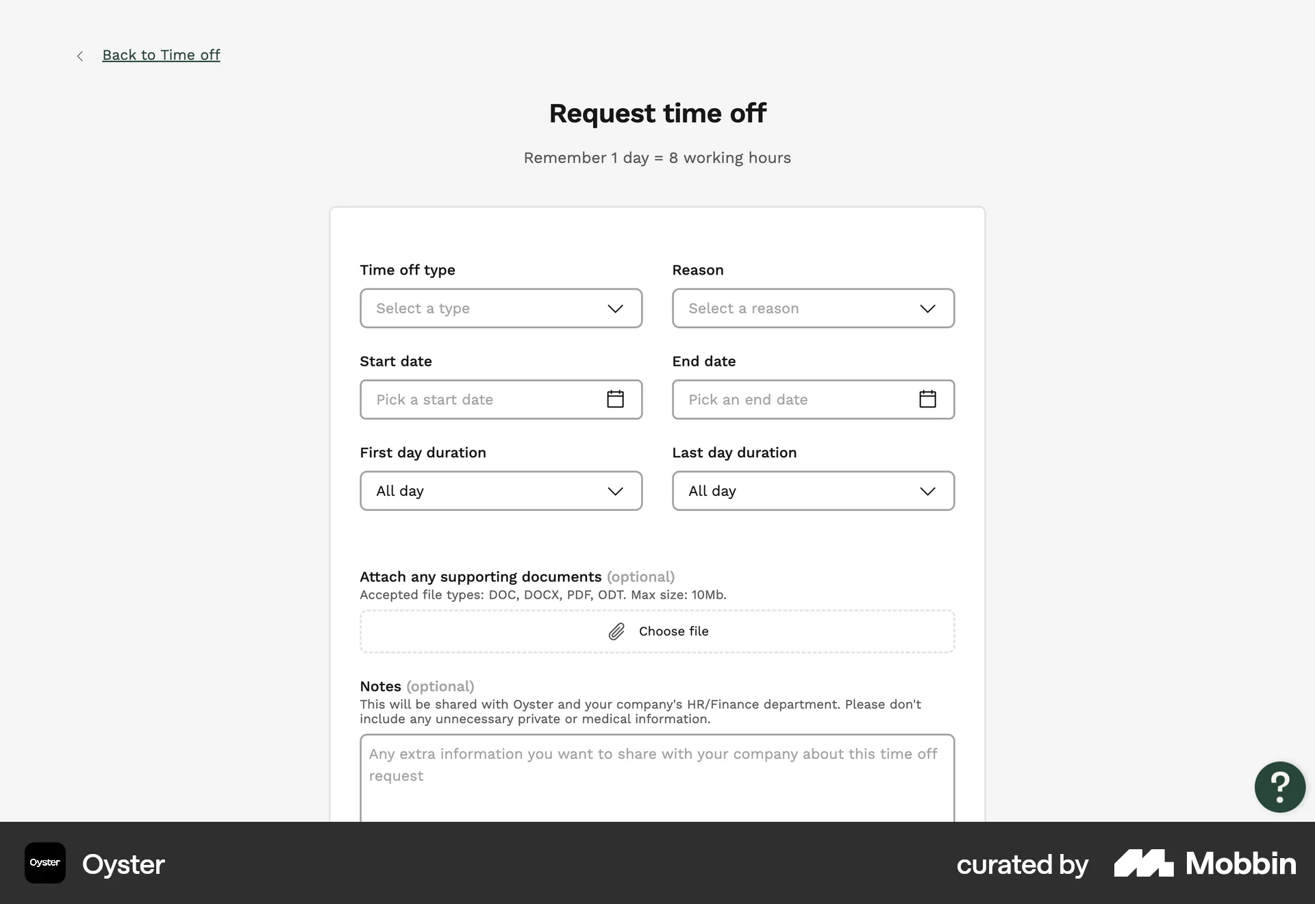 Oyster Web Web Form UI screen