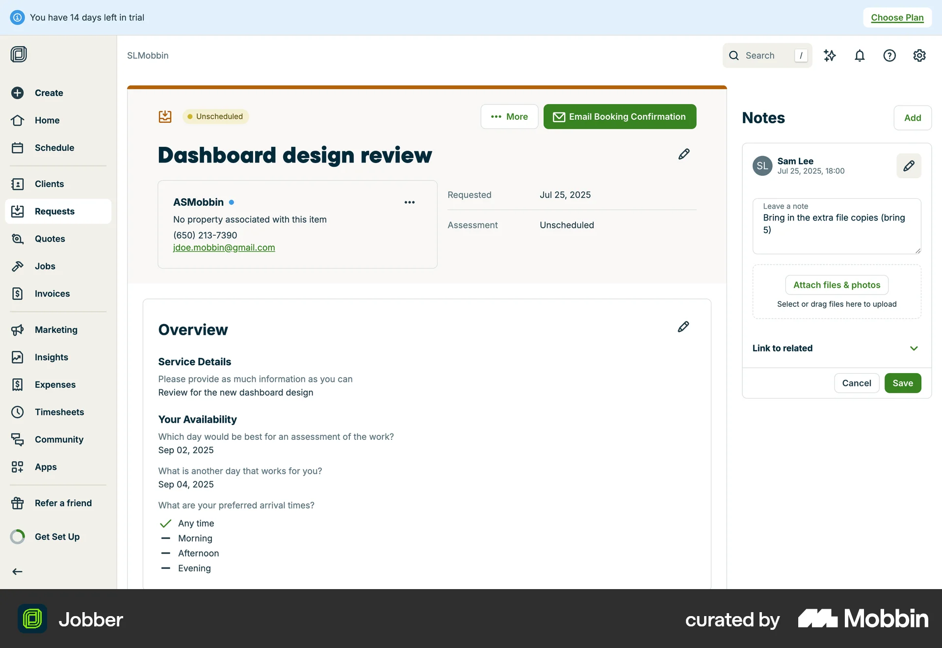 Jobber Web Edit screen