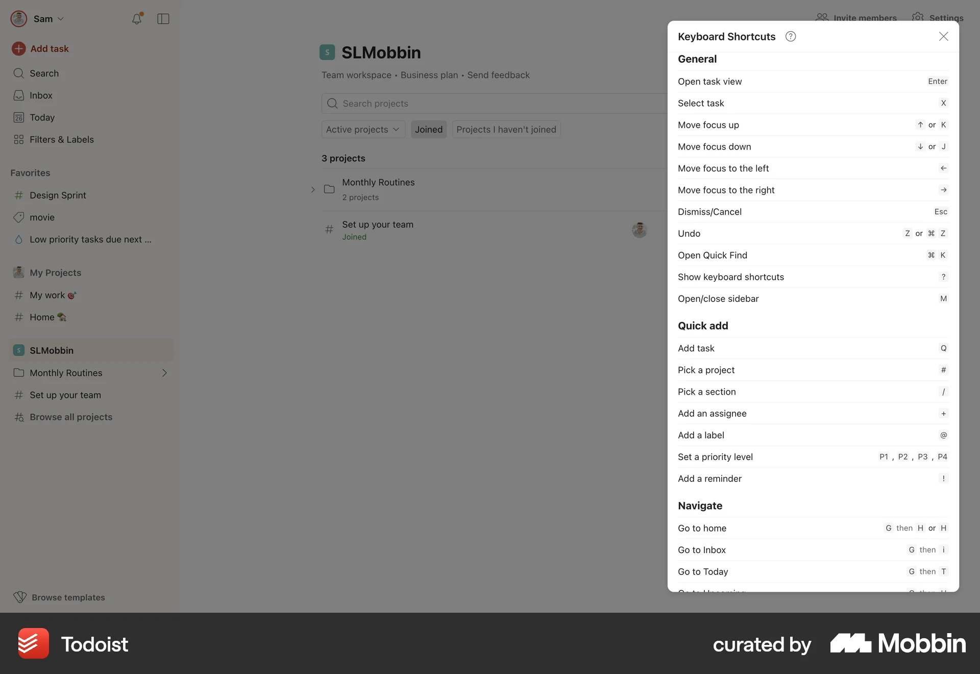 Todoist Web screen containing Keyboard Key UI element