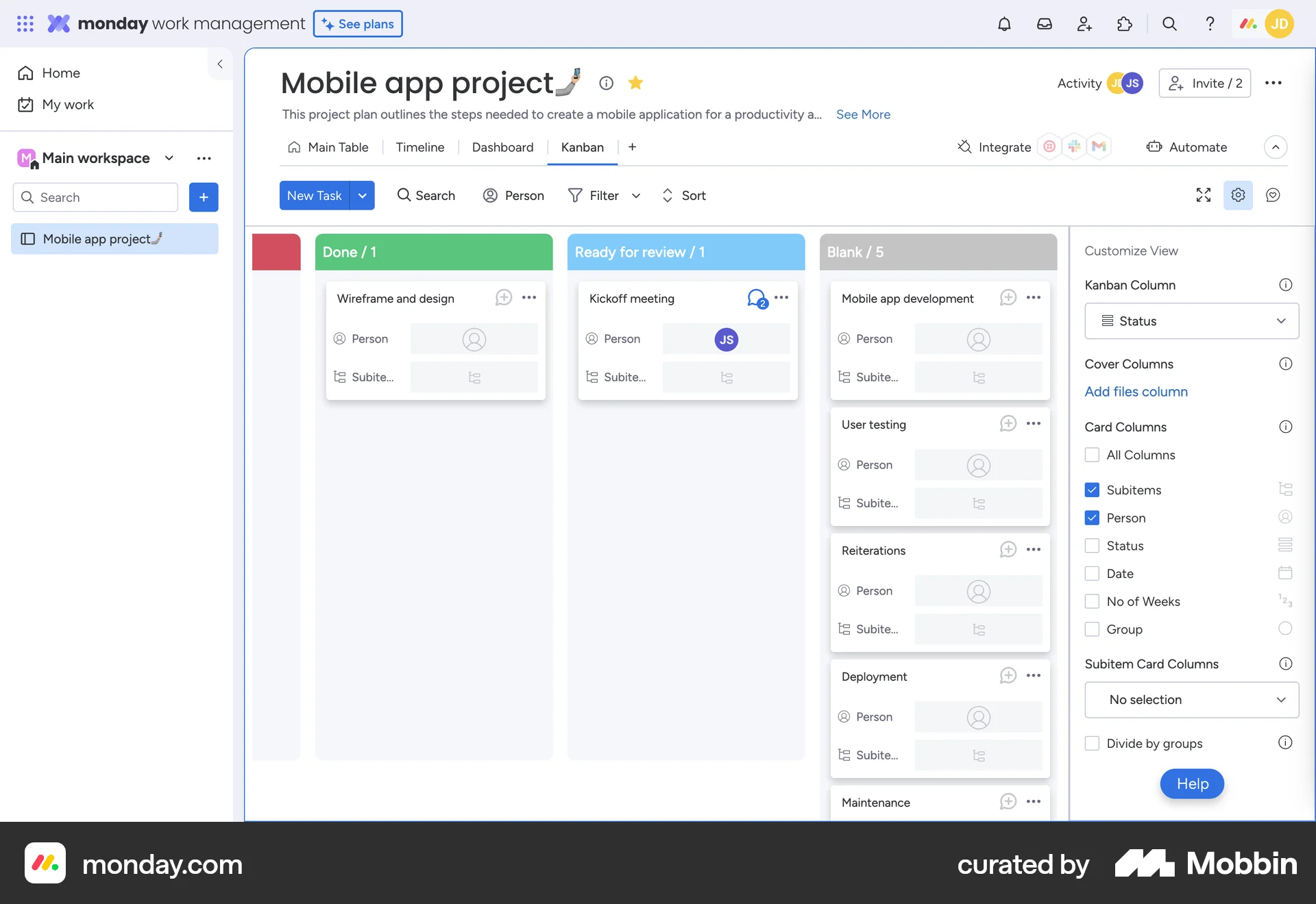 monday.com Web Kanban Board screen