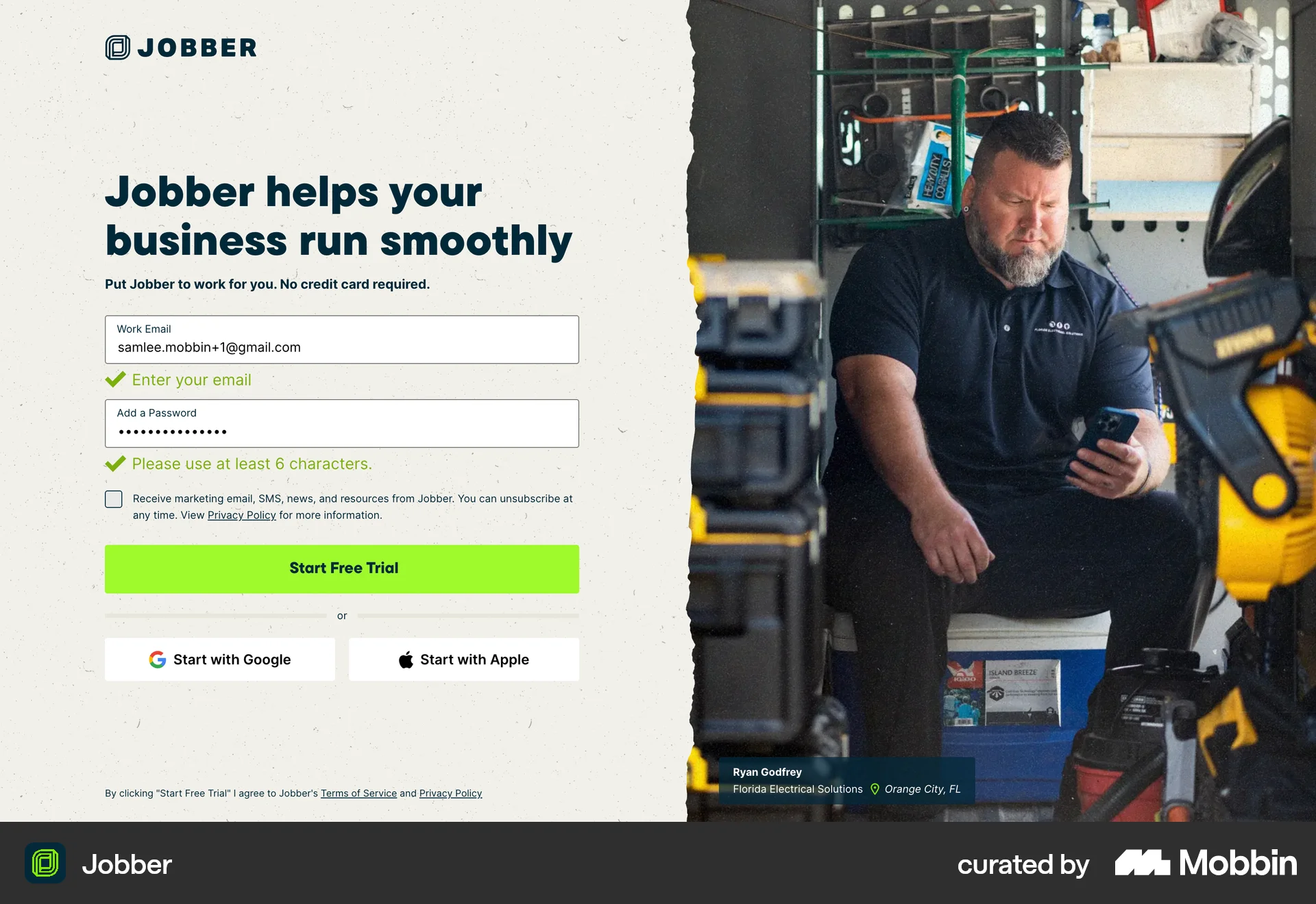 Jobber Web Signup screen