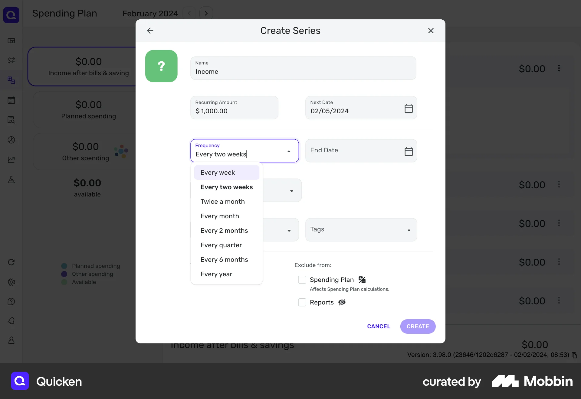 Quicken Web screen containing Select UI element