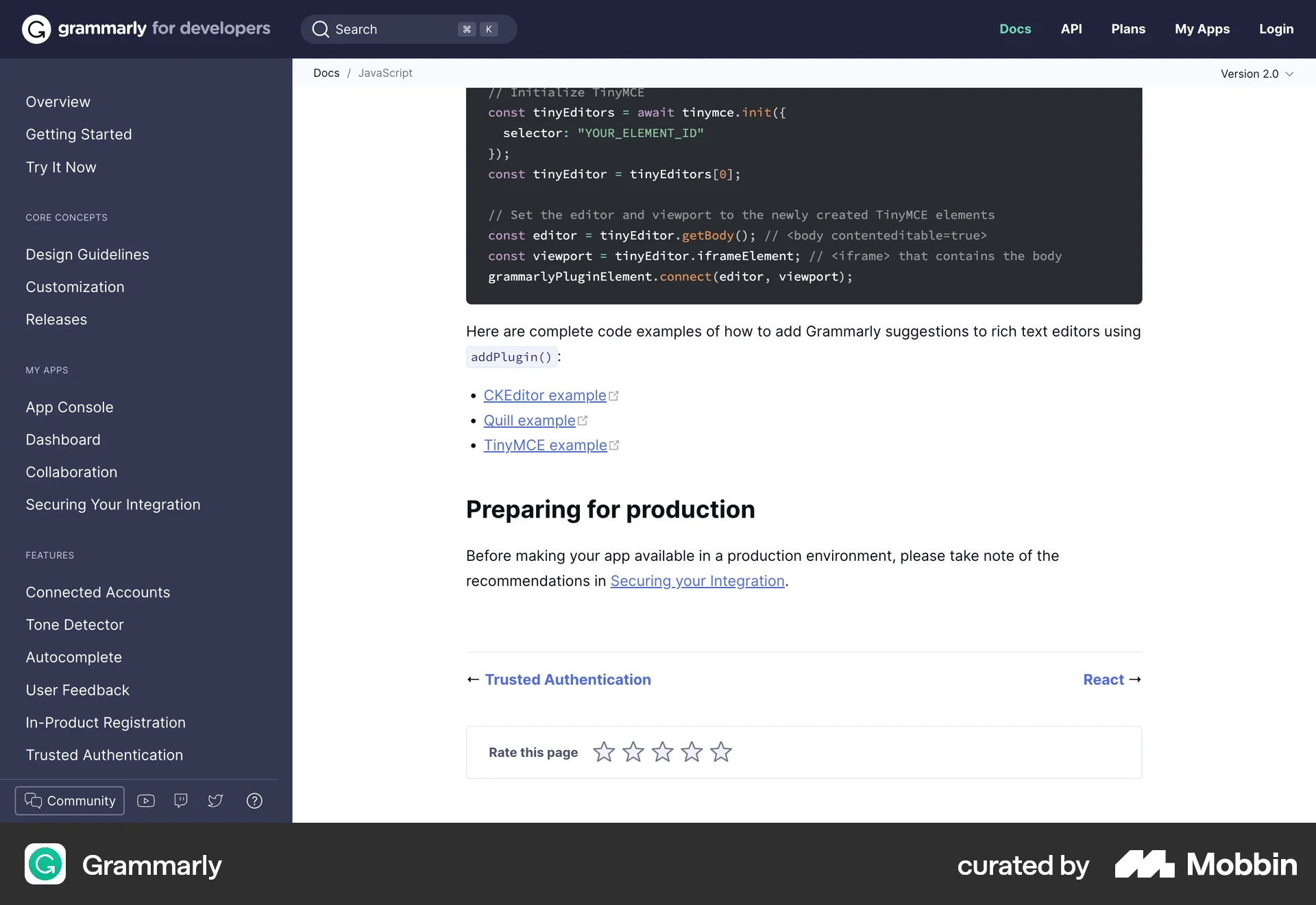 Grammarly Web screen containing Rating Control UI element