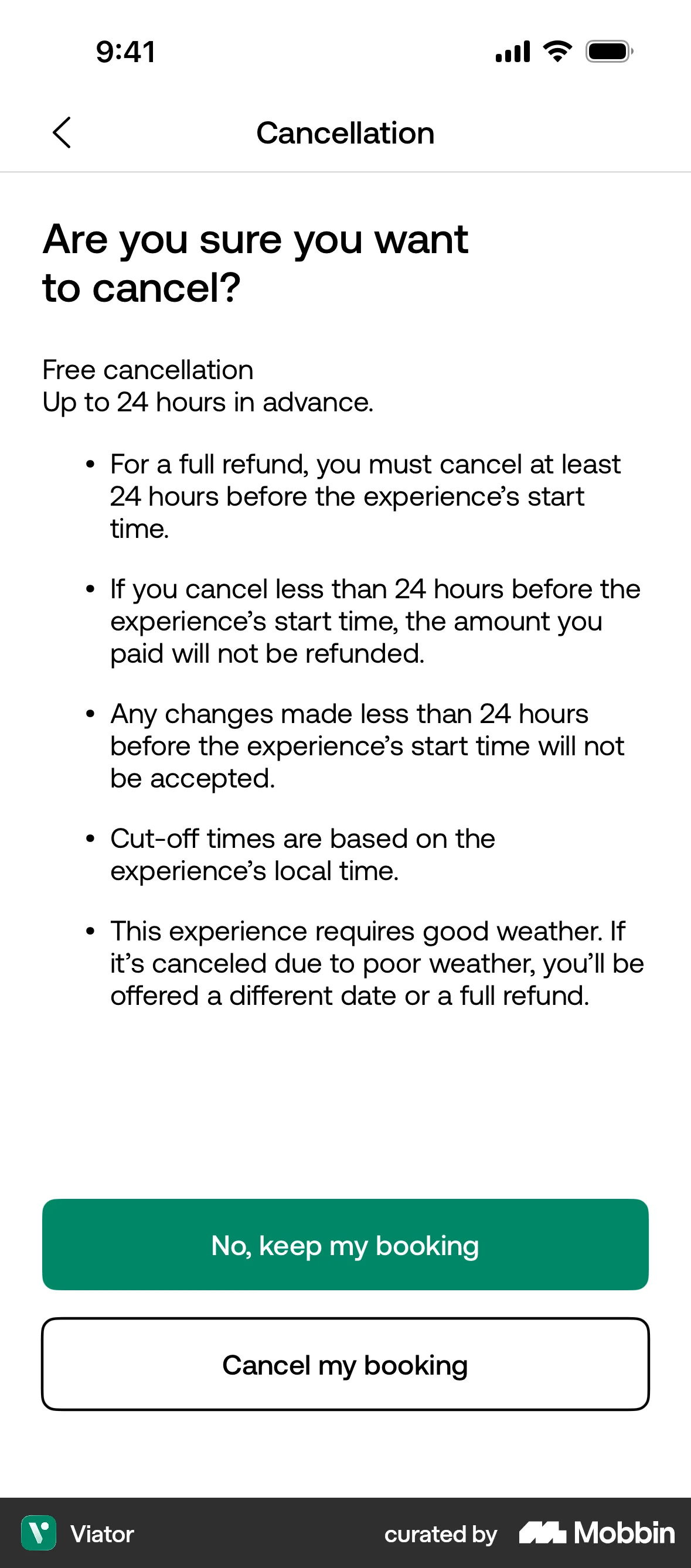 Viator iOS Confirmation screen