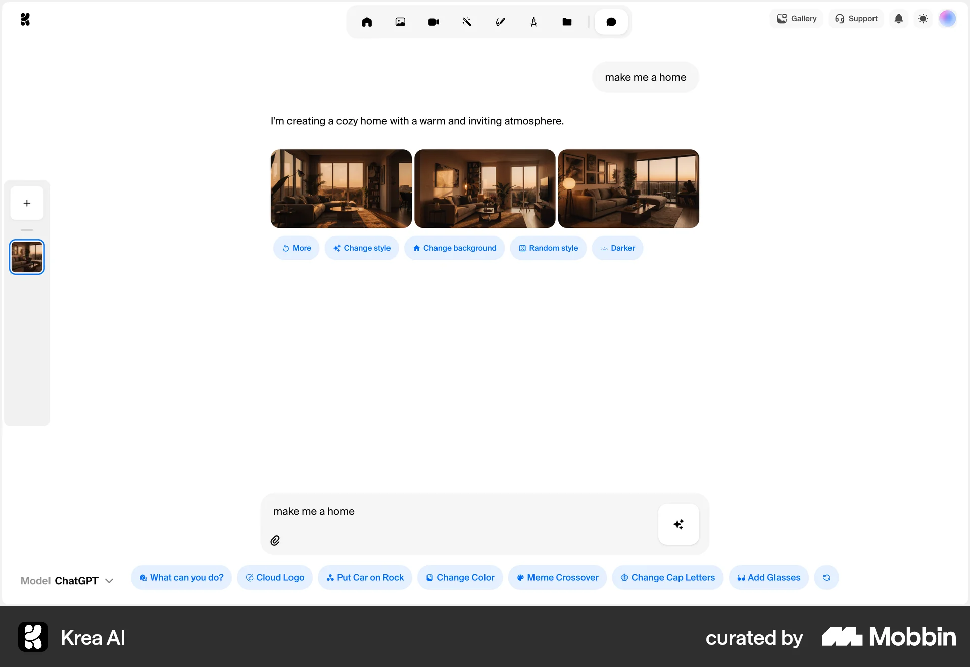 Krea AI Web screen containing Toolbar UI element