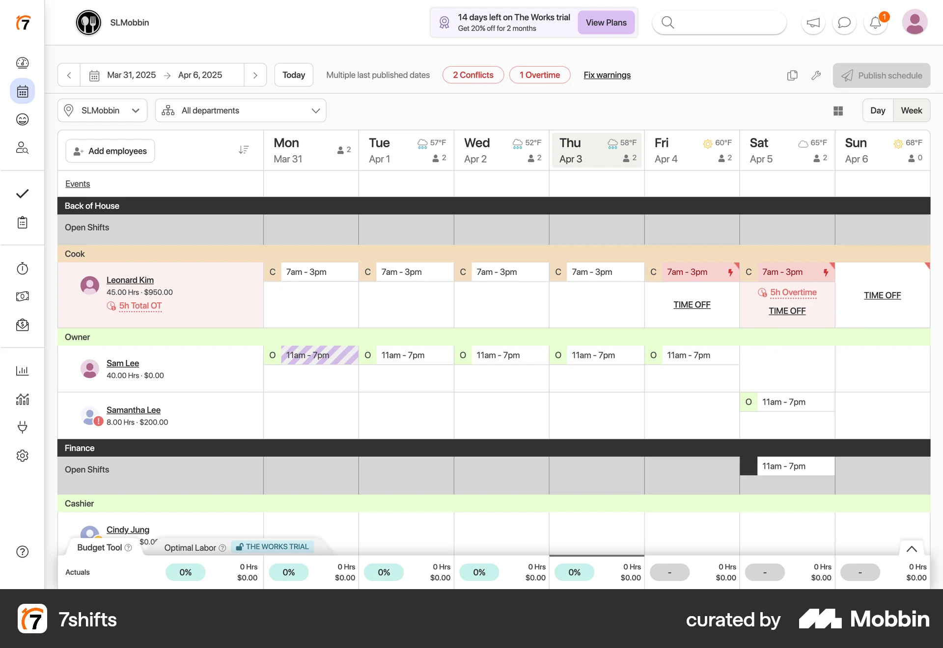 7shifts Web Calendar screen