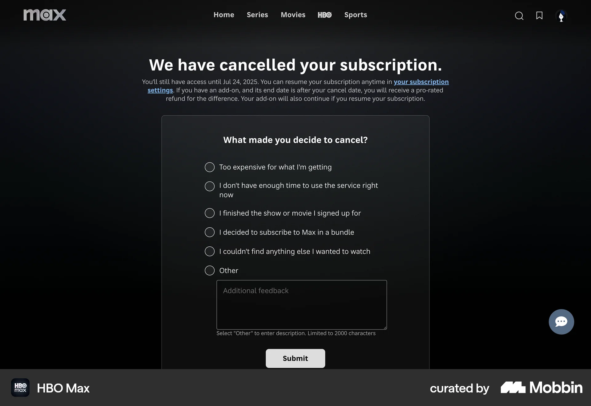 HBO Max Web Cancel screen