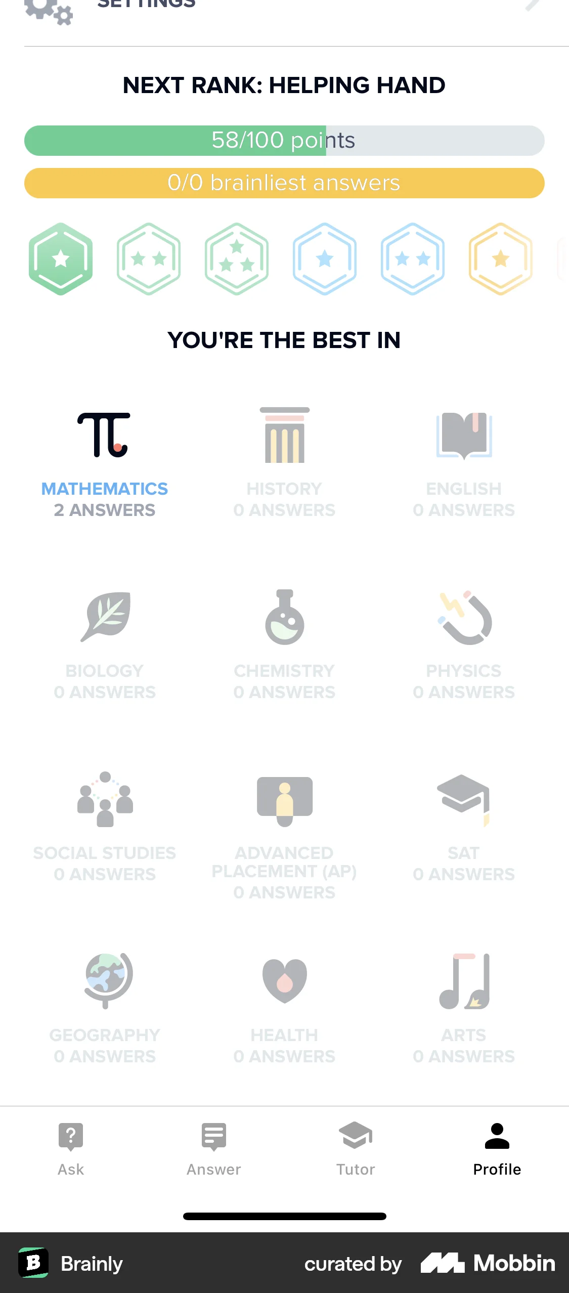 Brainly iOS My Account & Profile screen