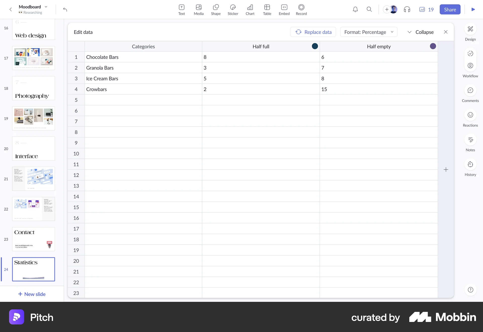Pitch Web screen containing Drawer UI element
