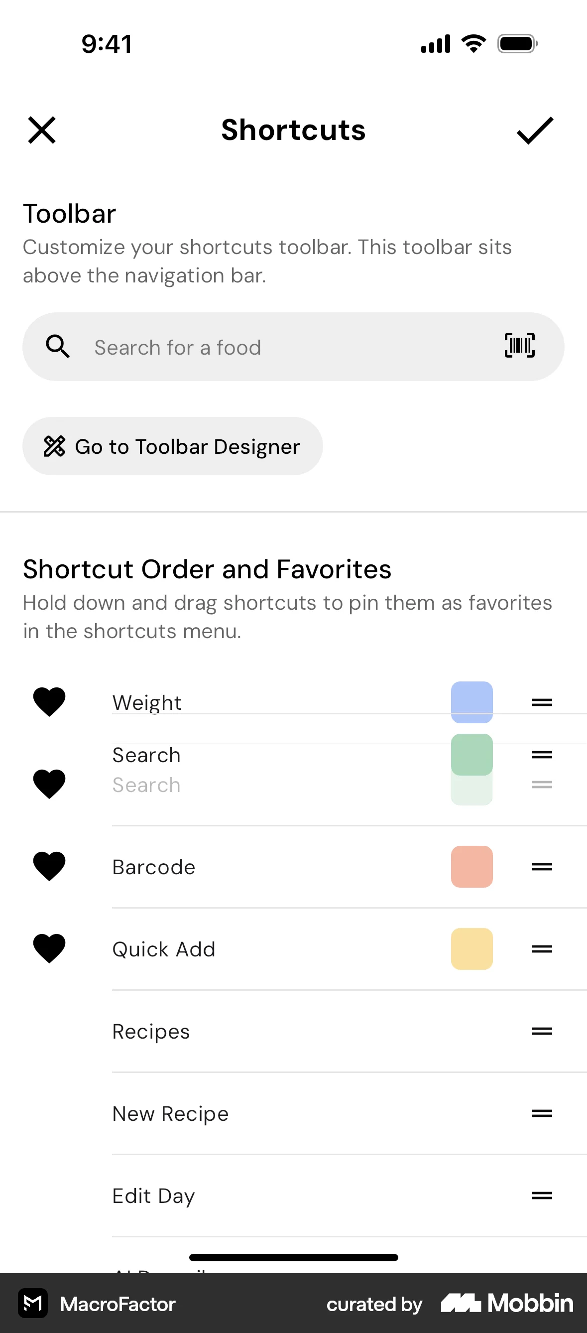 MacroFactor iOS Reorder screen