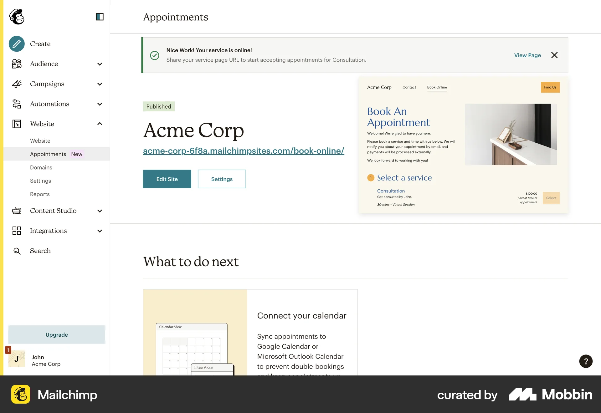 Mailchimp Web Admin Dashboard screen