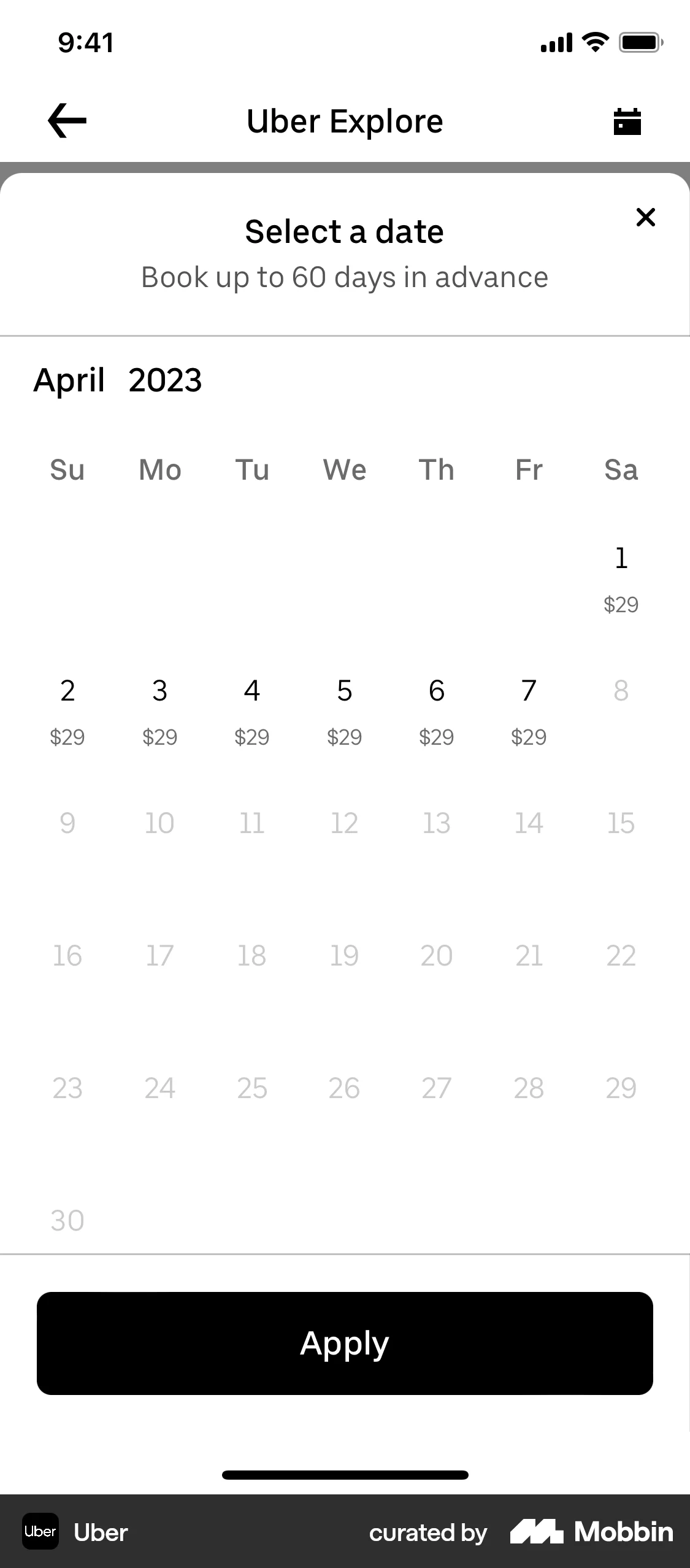Uber iOS Calendar screen