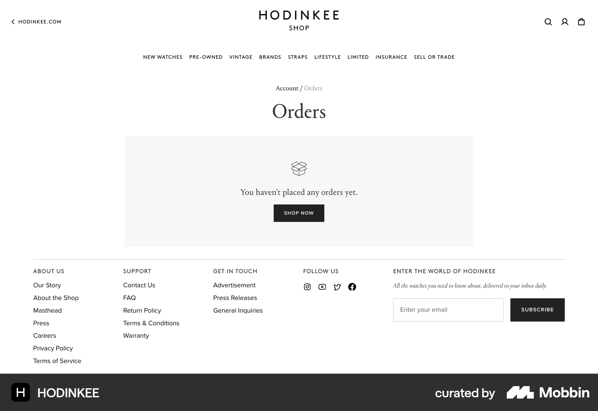 HODINKEE Web Order History screen