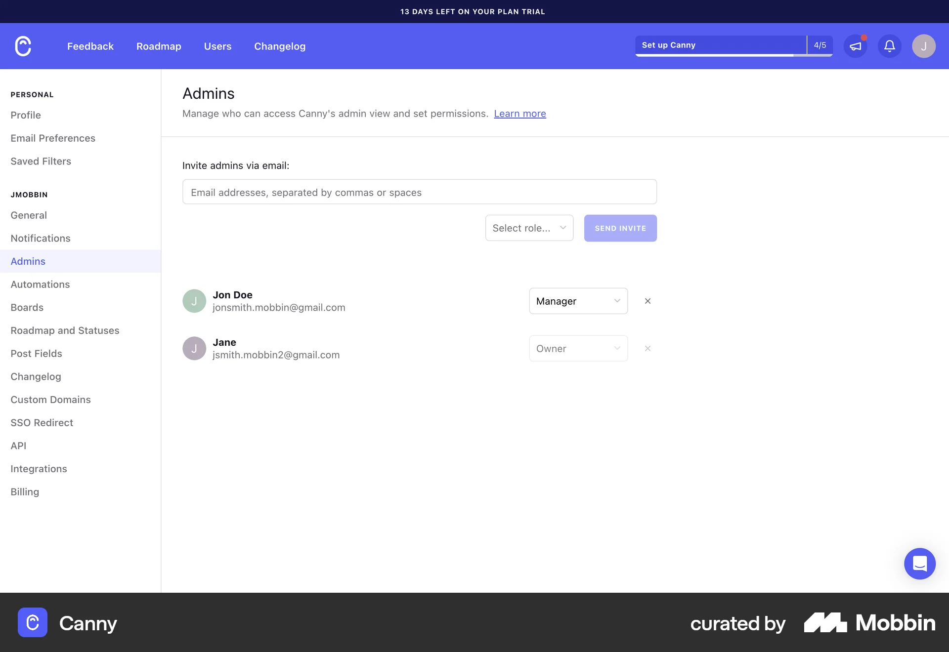 Canny Web Admin UI screen